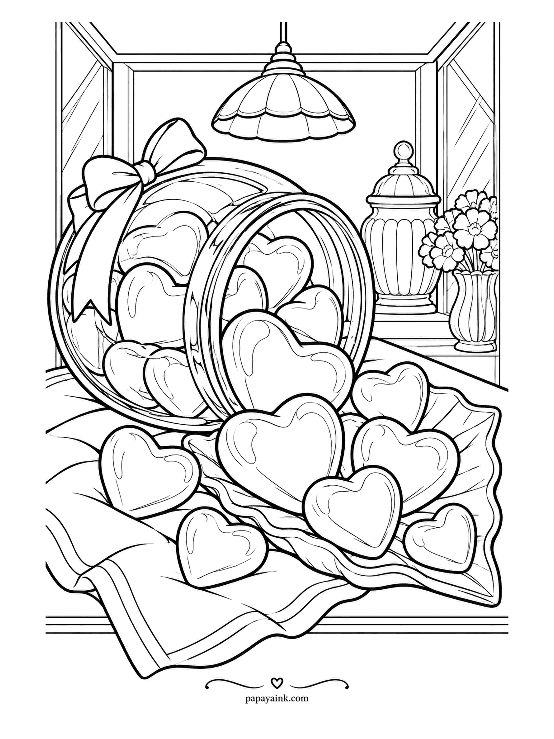Candy Coloring Pages - The gummy heart jar has tipped over on purpose, bow still tied, and the hearts pour onto a napkin. A pendant lamp hangs above the table like it is supervising. Keep the hearts in one red family and leave the glass bare.