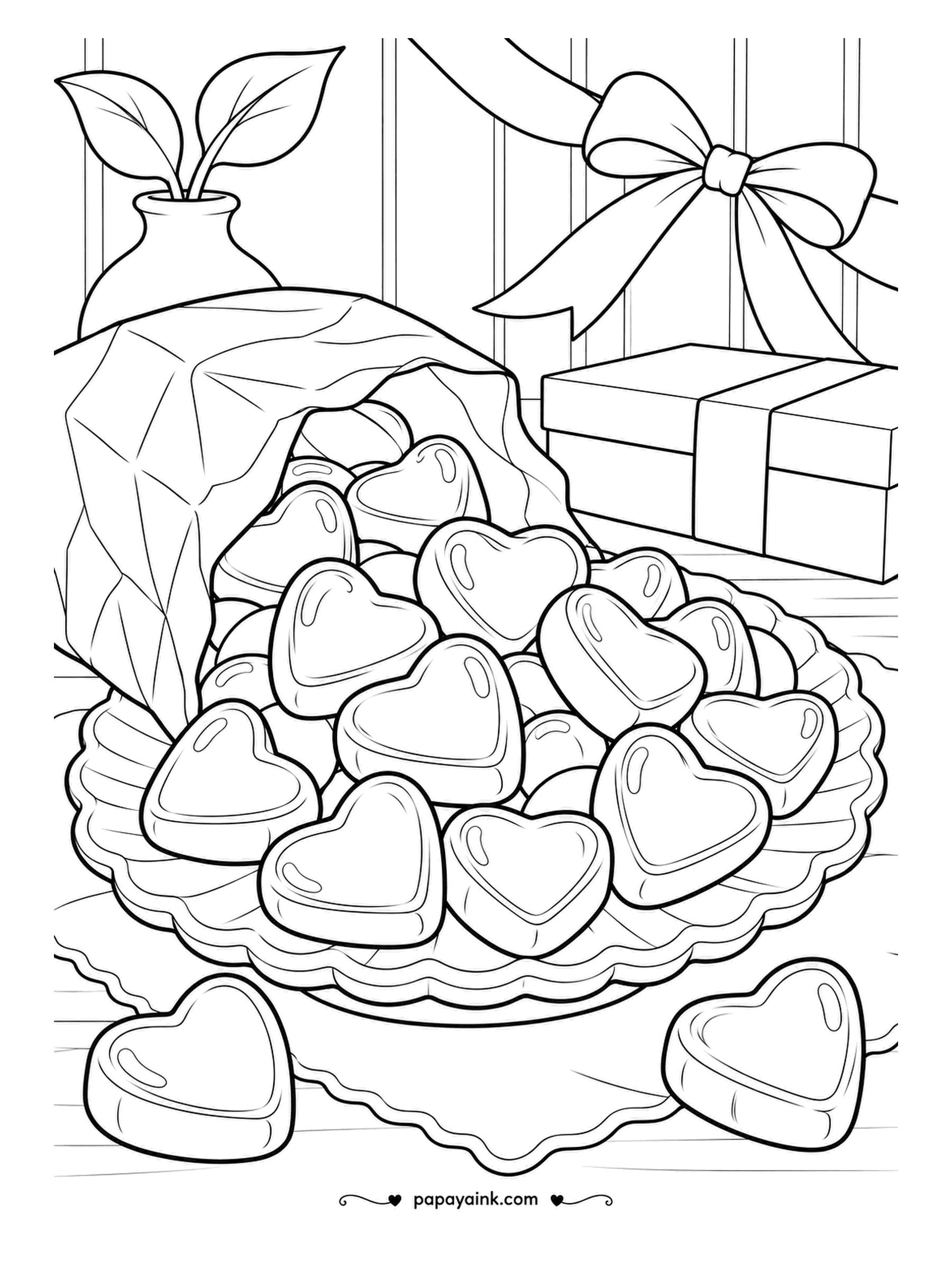 Candy Coloring Pages - Gummy hearts spill from a sweet bag onto a plate, with a ribboned present and a bow on the wall. Two hearts made it to the tablecloth. Reds and pinks, one glossy highlight each.