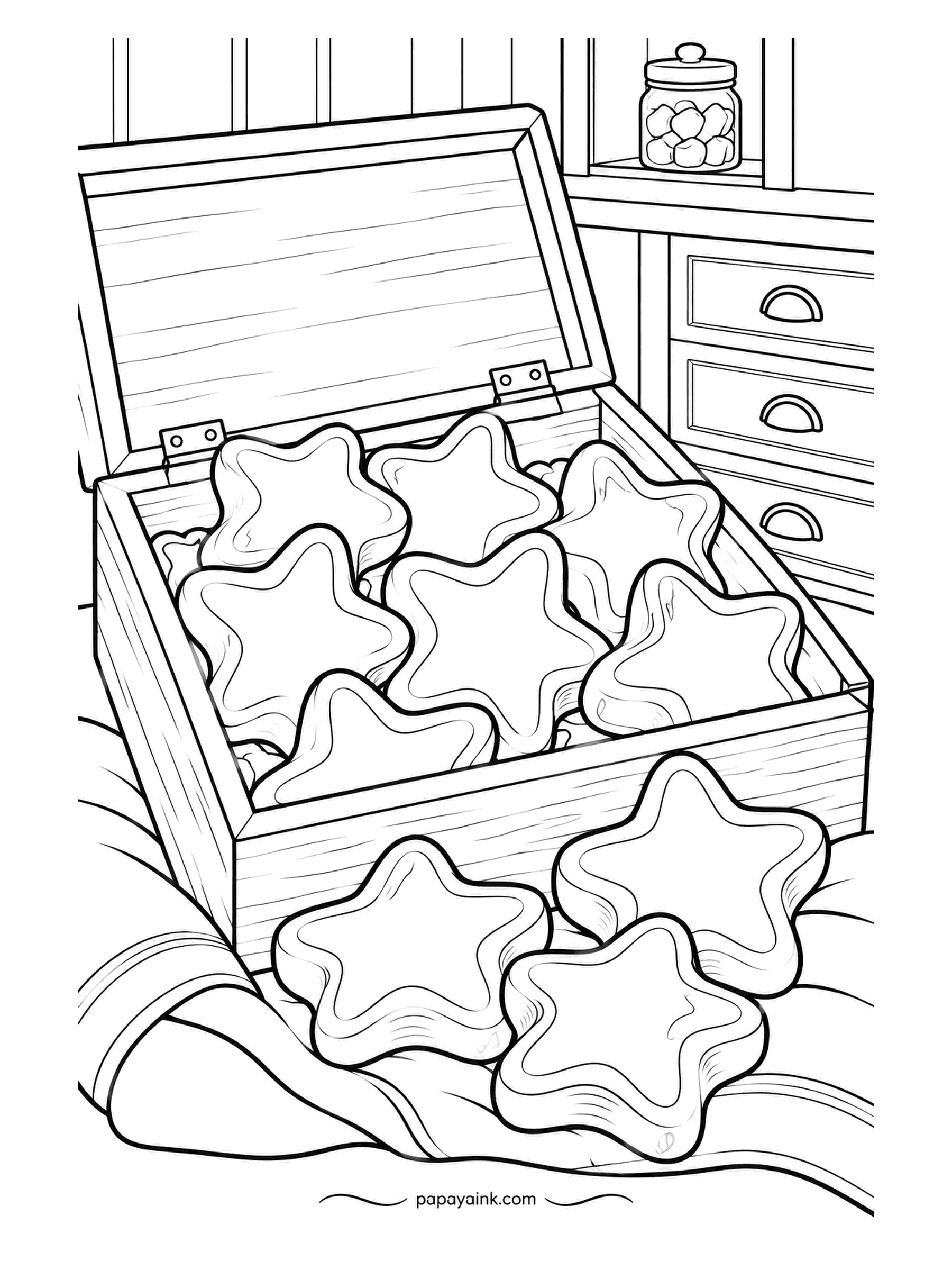Candy Coloring Pages - Inside the wooden box with the hinged lid, gummy stars sit in rows; four more wait outside by the chest of drawers. The canister on the shelf has nothing to add. Rainbow order across the rows looks best.
