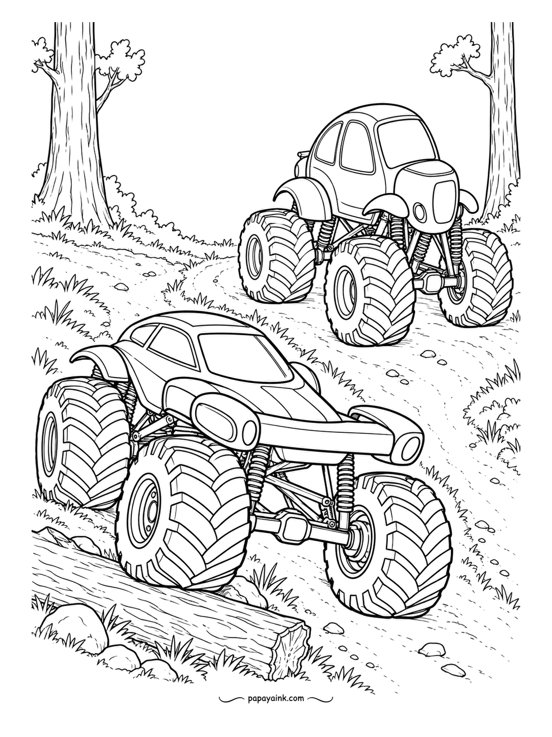 Monster Truck Coloring Pages - Forest trail with a fallen log across it: the hammer-fronted sprint truck goes straight over, the bubble-cab one takes the long way round. Tall trunks, grass tufts and scattered stones, so bring the greens.
