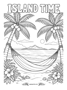 Beach Coloring Pages - Island Time: a striped hammock slung between two coconut palms, with a volcanic island on the horizon and hibiscus crowding the foreground. Nobody is in the hammock, which is the whole point. Color the sun first and let its warmth lead the palette.