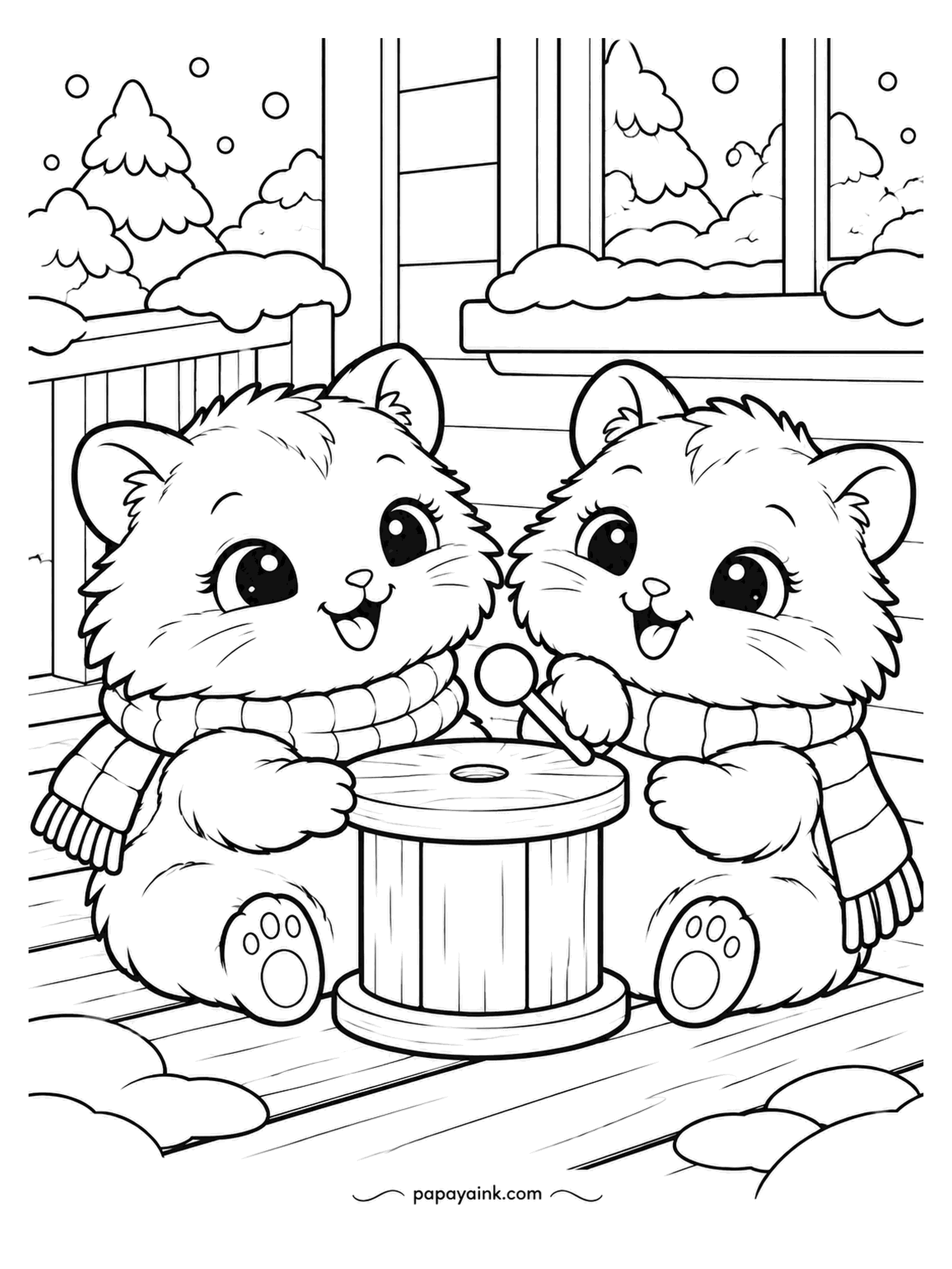 Cute Winter Coloring Pages - Drum made from a thread spool, played by two hamsters in hats on a snowy porch, each in a sweater and a scarf. Window and firs at the back. Golden fur, and a different sweater color for each.