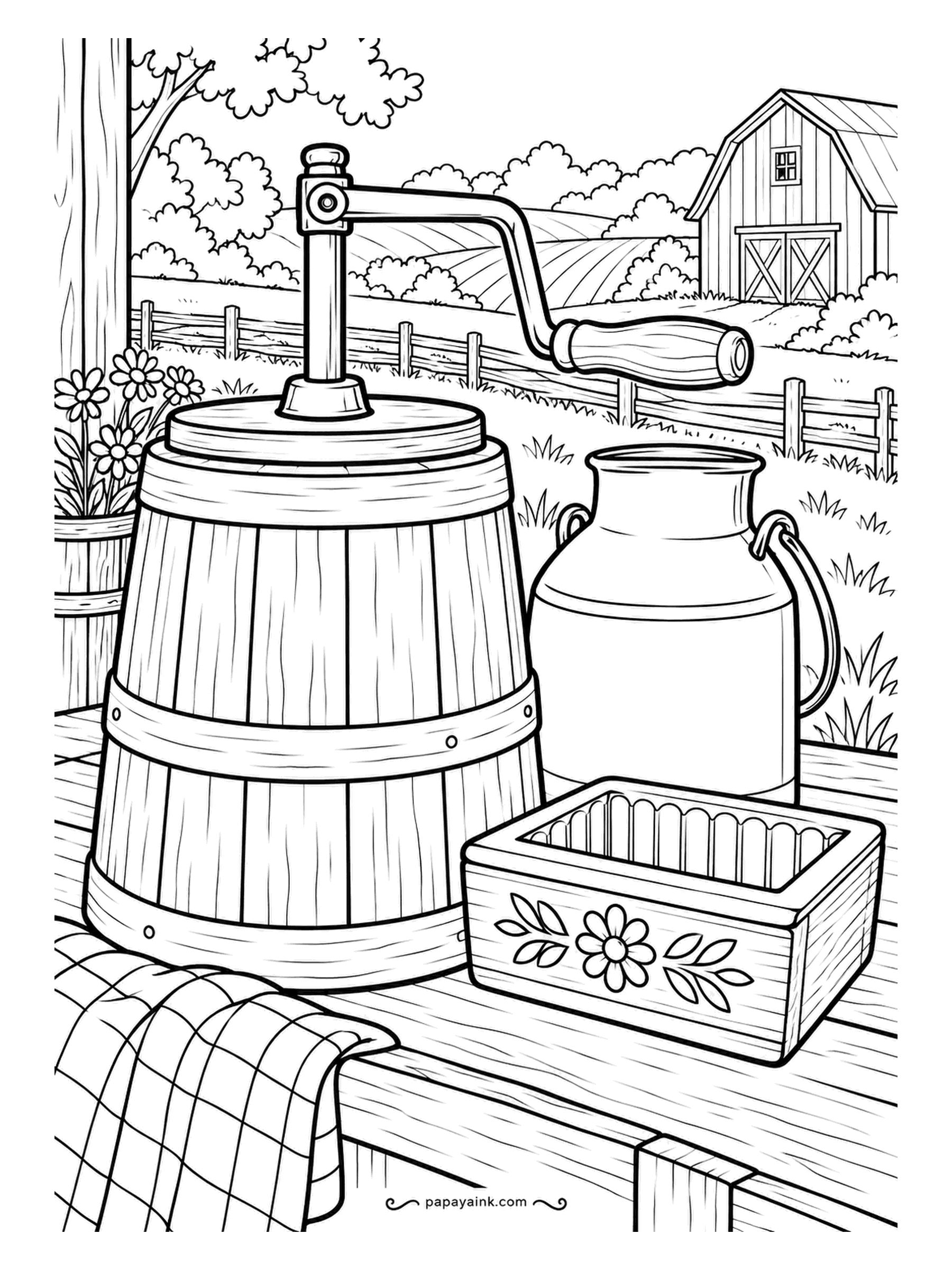 Farm Coloring Pages - Barrel butter churn with its crank on top, a milk can beside it and a carved butter mold in front, a cloth folded over the table edge. Oak and brass for the churn, dull silver for the can, and a soft cream for the mold.