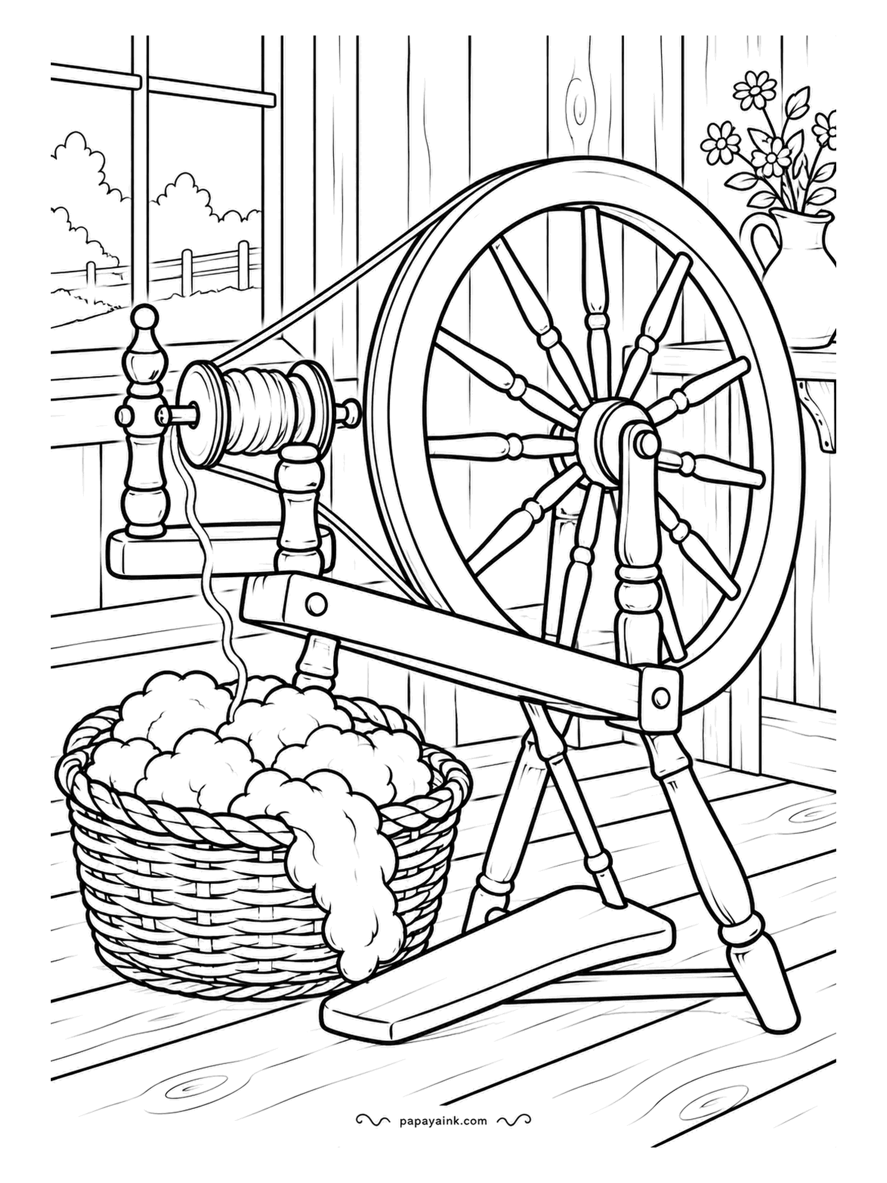 Farm Coloring Pages - Spinning wheel by a window with a basket of washed fleece feeding up to the bobbin, the treadle underfoot. Every spoke is turned on a lathe. Honey-colored wood, cream fleece, and a thin thread that stays white.