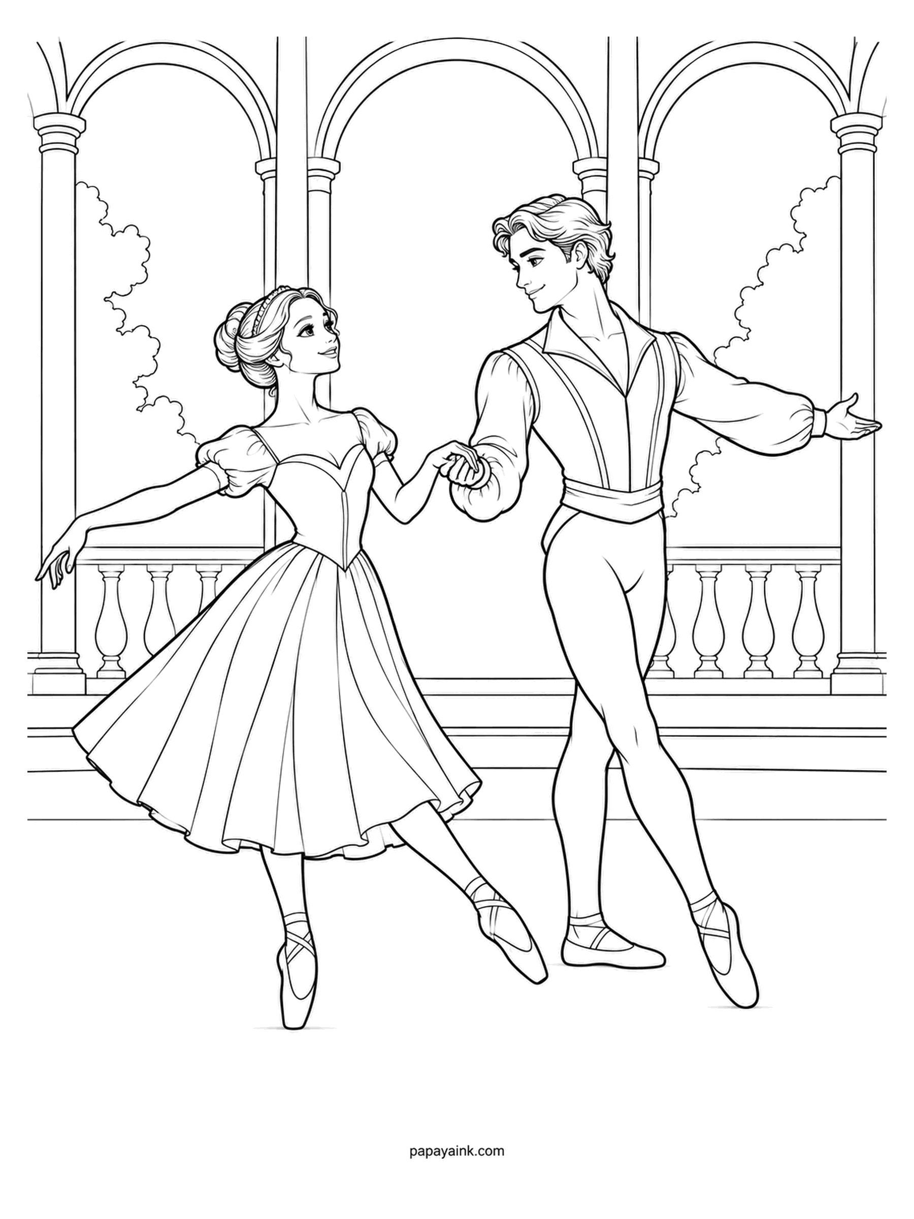 Ballerina Coloring Pages - Adagio is the slow part of a pas de deux, and nothing here hurries: fingers linked, she steps forward while he opens his free arm toward the columns. Treetops show through the arcade, a good spot for soft greens.