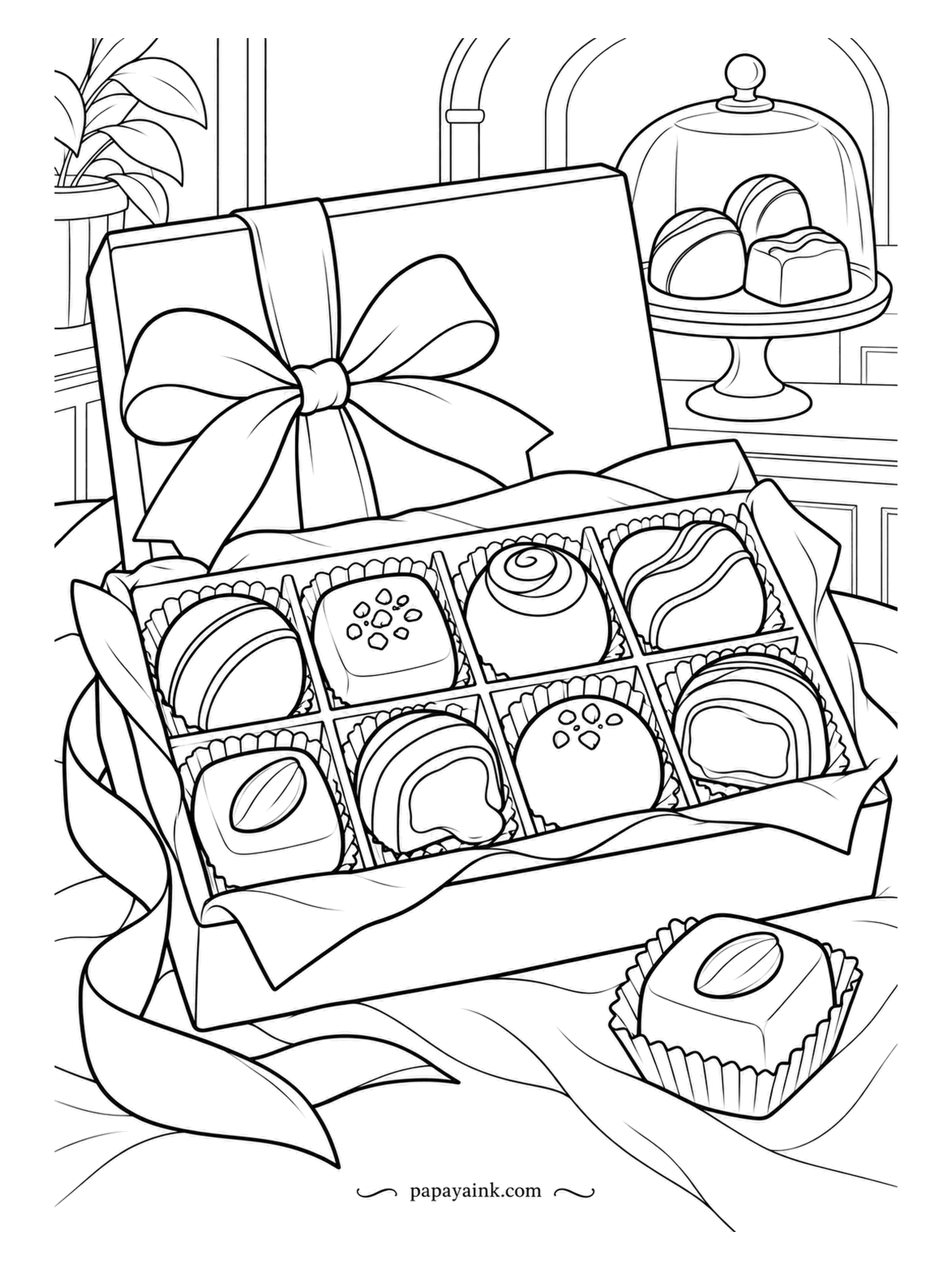 Candy Coloring Pages - An open box of handmade chocolates with the lid wearing its bow - truffles, a square praline, a swirled dome, and one already sitting in its paper cup. A cloche at the back holds the second batch. Browns of every depth; the tissue stays blank.