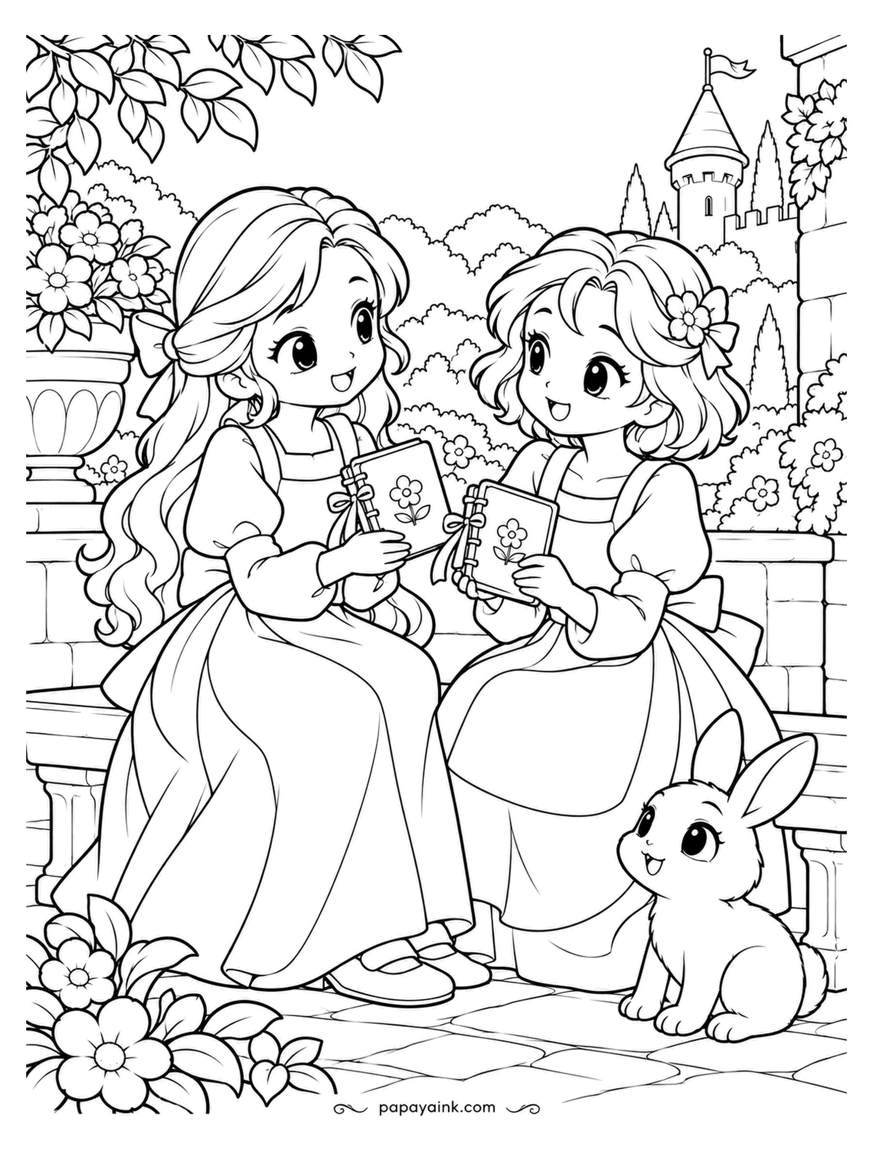 Kawaii Princess Coloring Pages - Two notebooks, hand-bound, swapped on a garden bench. Each princess has made one for the other, flower on the cover, cord around the spine, and the rabbit sits by as witness. Small page with a lot of dress - pick colors that get along.