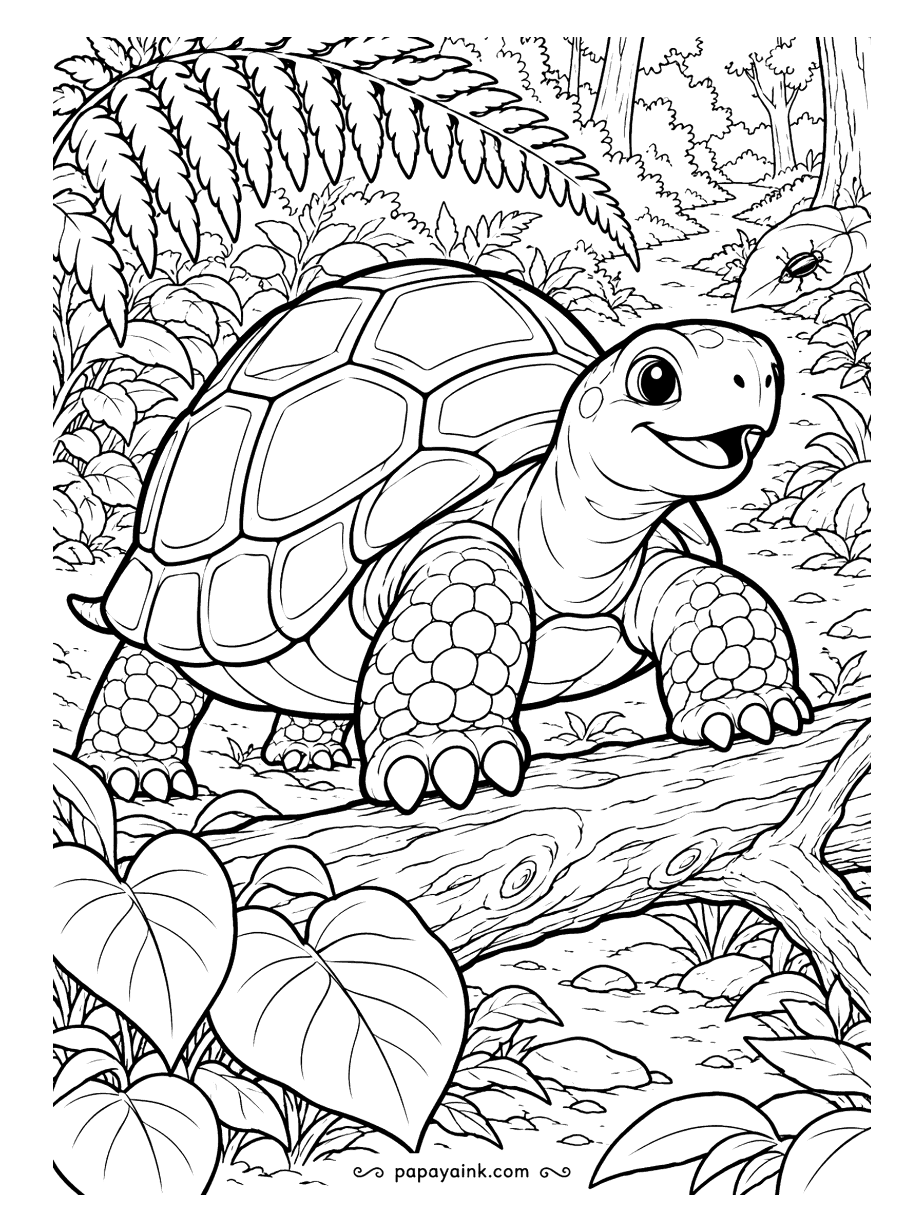 Turtle Coloring Pages - Mouth open in a grin, a young tortoise clambers along a fallen log under a huge fern frond, with heart-shaped leaves crowding the foreground. Bold outlines and plenty of room inside each scute.