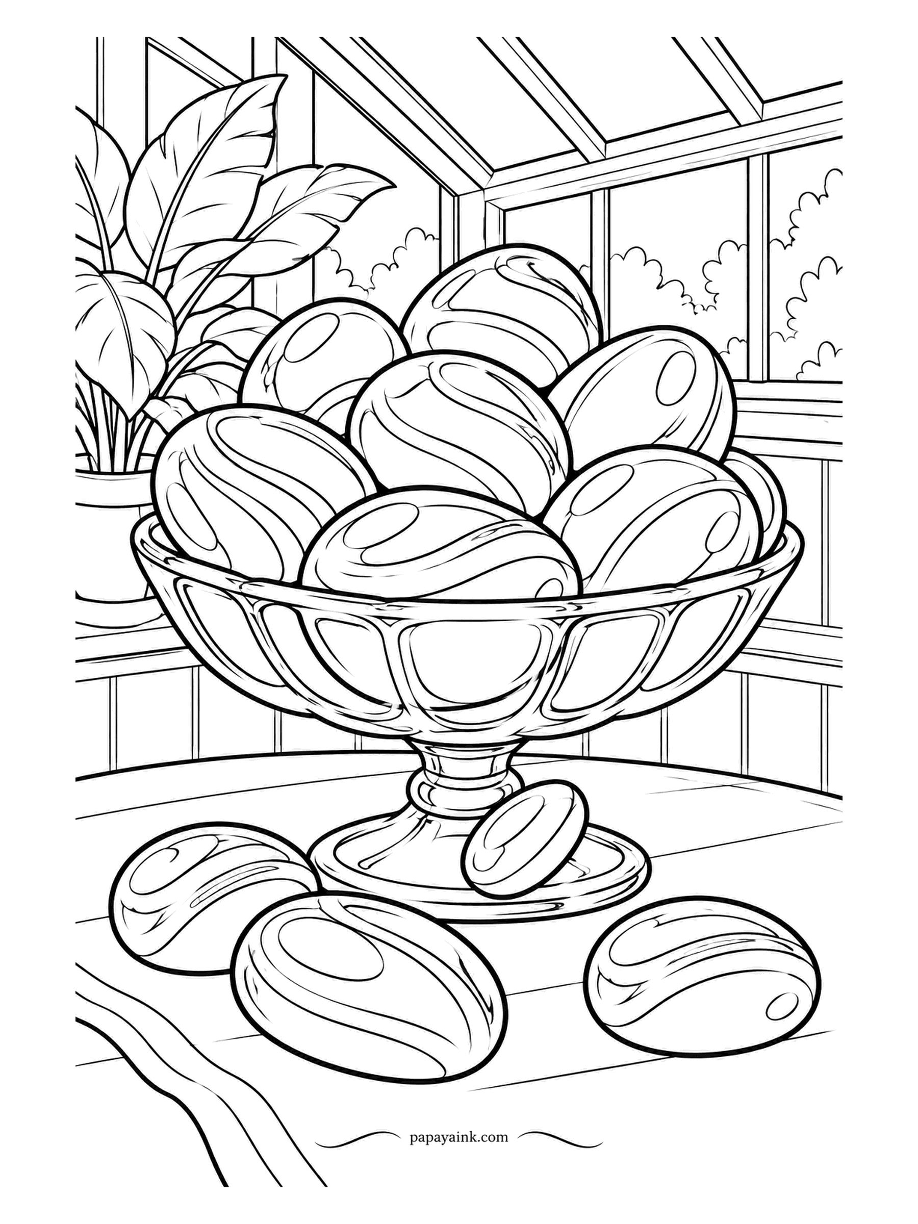 Candy Coloring Pages - Oversized hard candy drops, each with a swirl of stripe, fill a glass compote in the greenhouse. A few more have rolled onto the table, and one is clearly plotting to reach the edge. The broad leaves behind are the only green in the picture.
