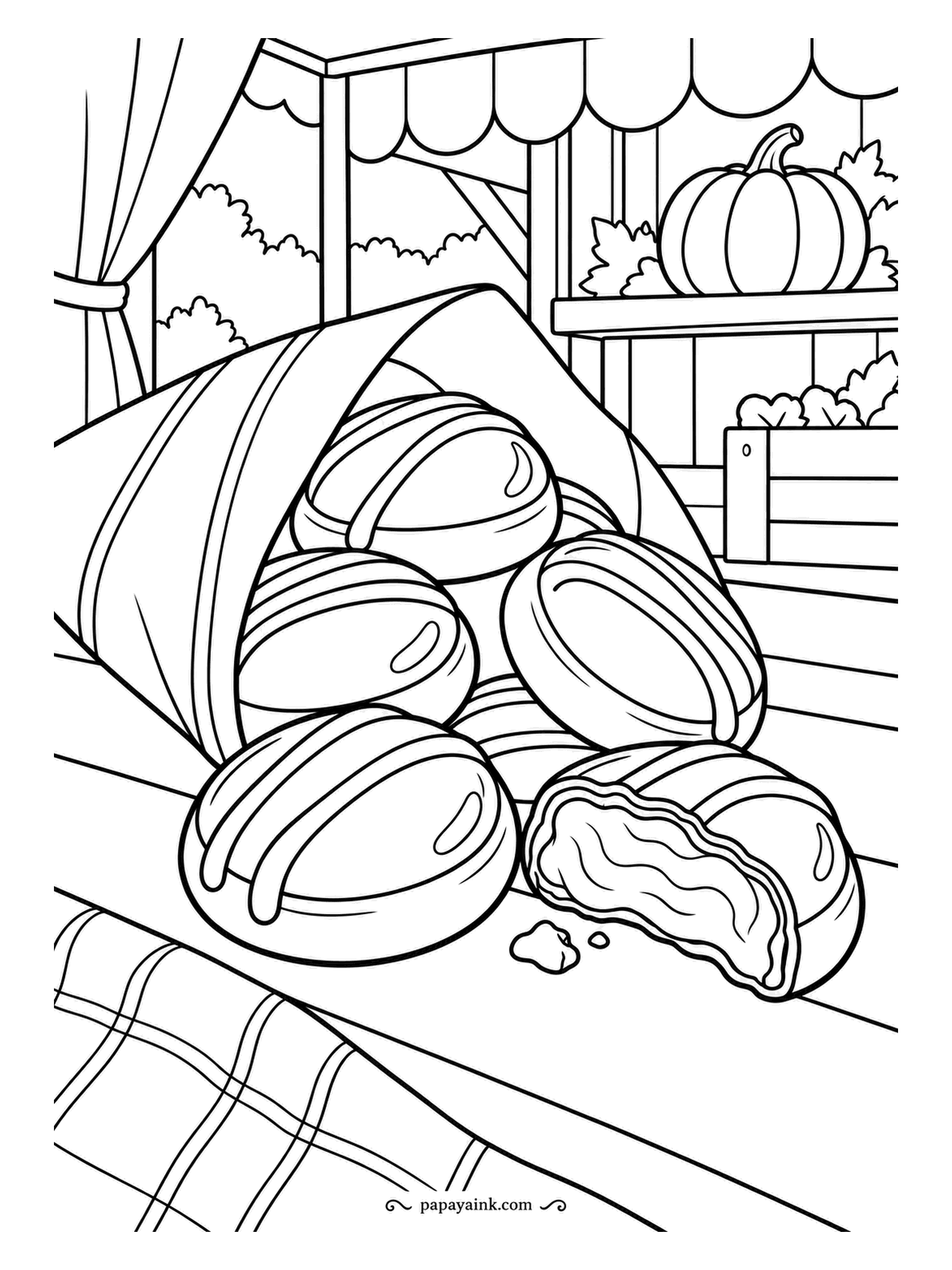Candy Coloring Pages - Harvest stall: chocolate discs tumble from a paper cone, one broken to show the caramel, with a pumpkin on the shelf and a checked cloth below. Milk brown for the discs, orange pumpkin, white drizzle.