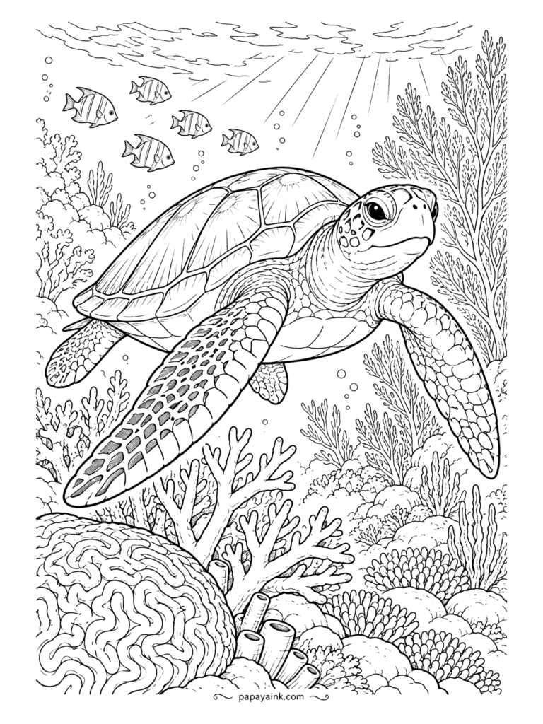 Turtle Coloring Pages - Sunlight breaks through the surface in long rays as a hawksbill sea turtle cruises over brain coral and branching staghorn. Its overlapping shell plates and hooked beak are what set it apart from other sea turtles. Detailed - the reef takes time.