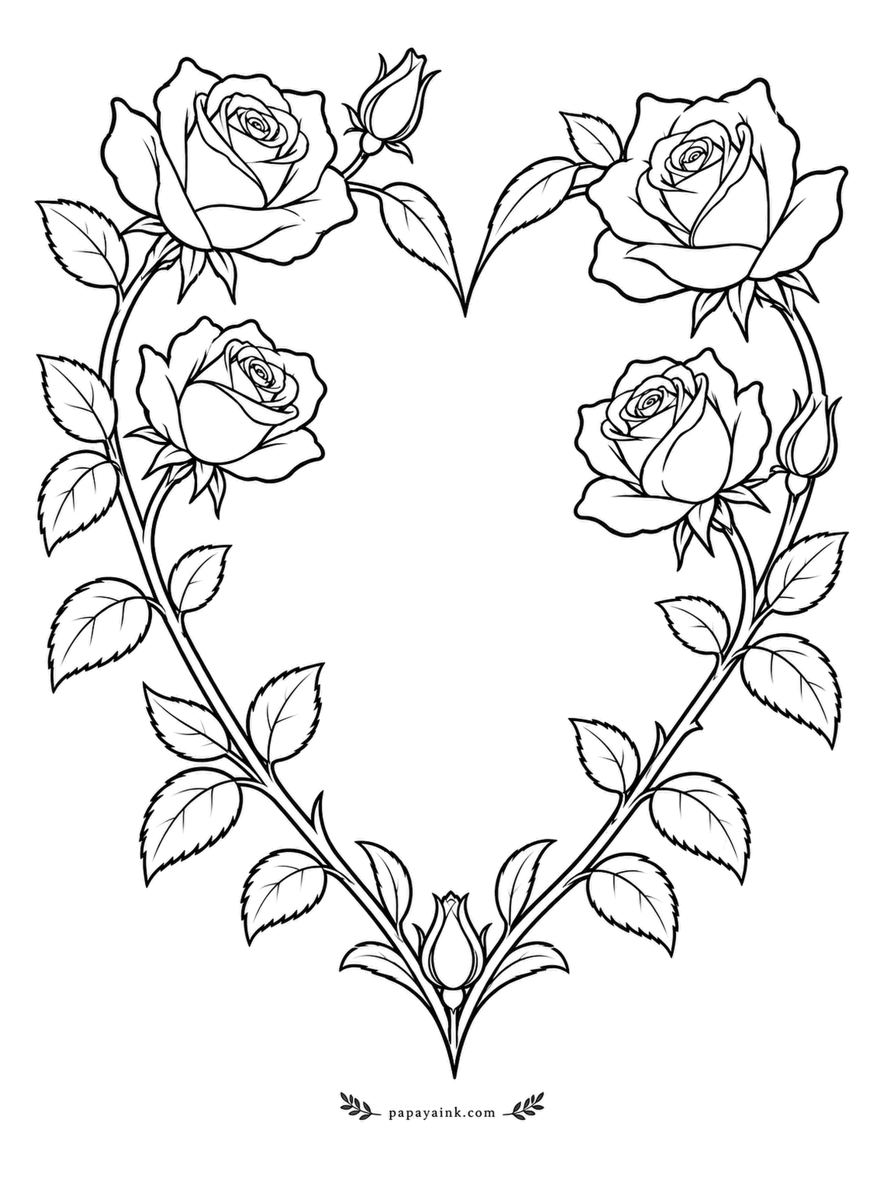 Rose Coloring Pages - Two rose stems bent toward each other, and the shape needs no explanation. Four open blooms ride the curves of the heart, with a single bud closing the point. Clean outlines on white - easy to turn into a card.
