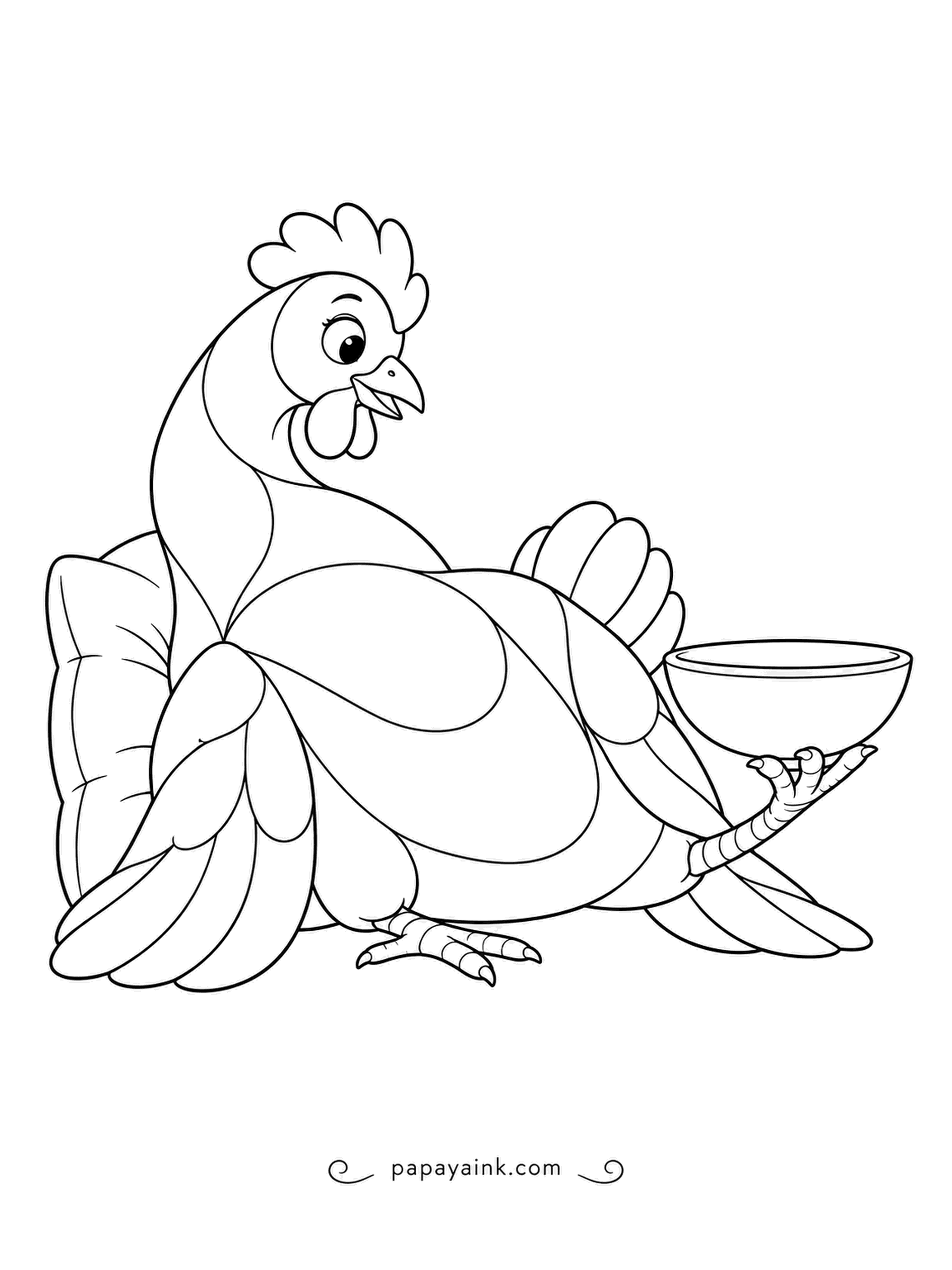 Chicken Coloring Pages - Lounging against a big pillow, a playful hen holds a bowl up on one raised foot as steady as a juggler. Sweeping curved bands across her body are perfect for soft, layered shading.