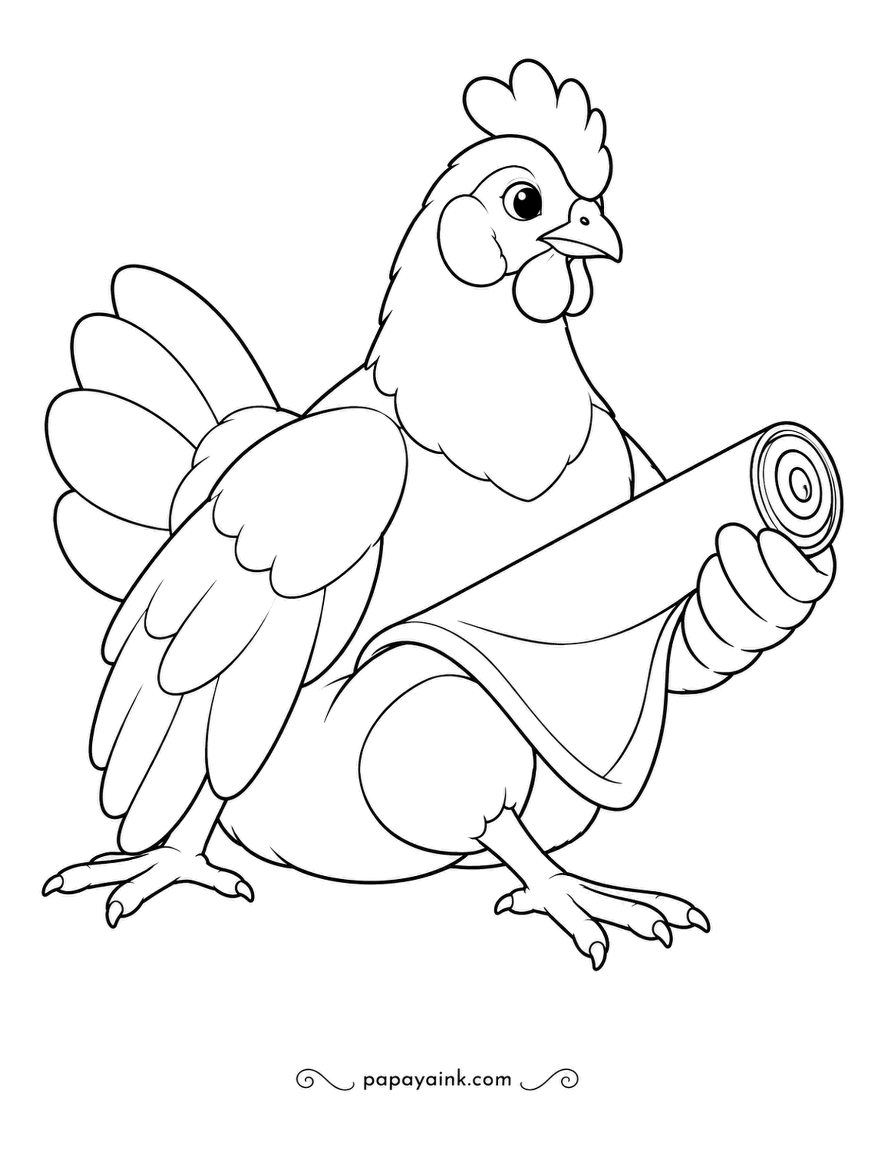 Chicken Coloring Pages - Sitting with her legs splayed out, a sturdy hen hoists a rolled-up mat across her lap. Give the roll a stripe or two so its spiral end stands out.