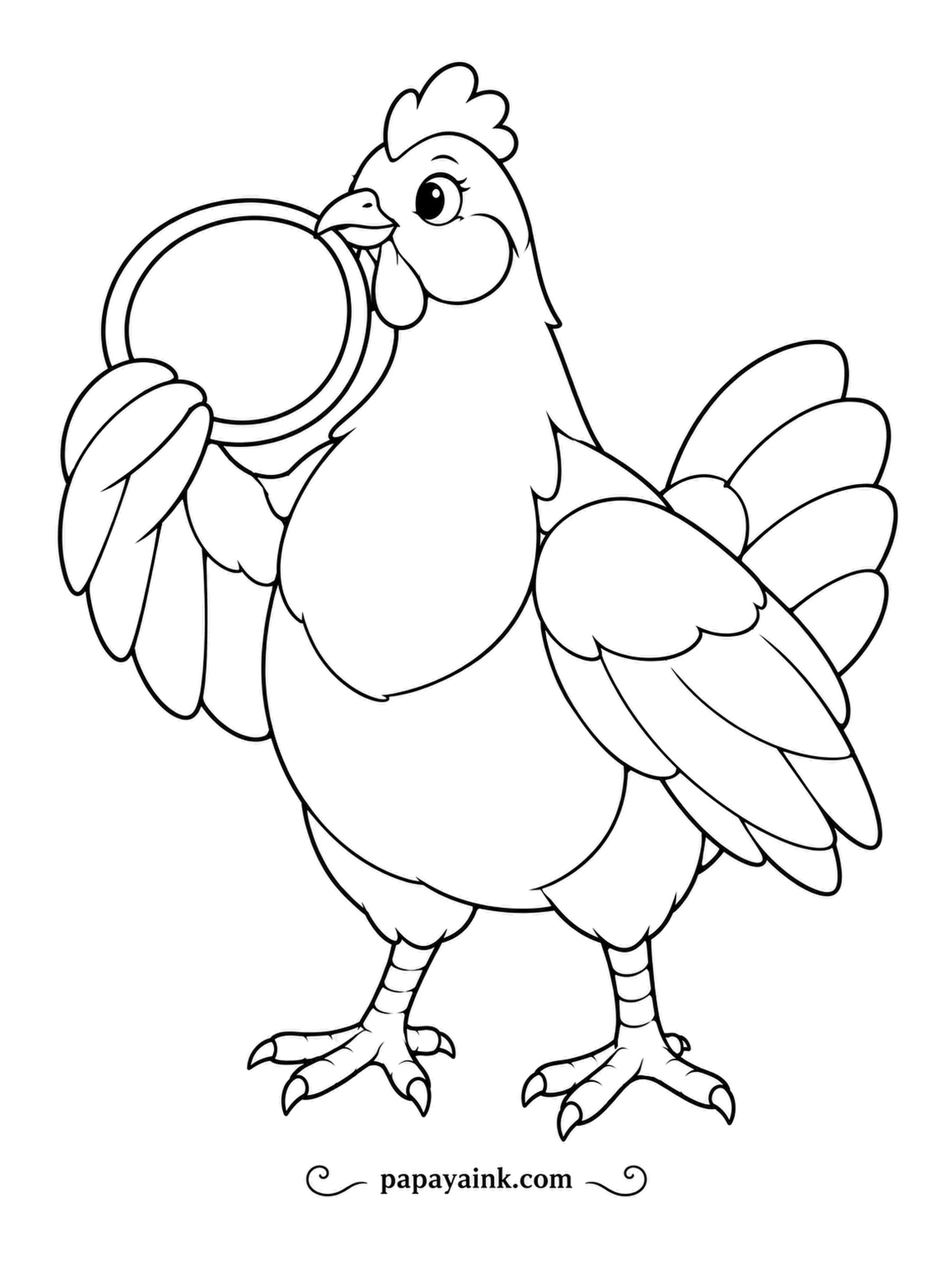 Chicken Coloring Pages - Balancing a big ring on one wing, a cheerful hen catches its edge in her beak to pass it across. Her scalloped feathers and the plain ring make a nice mix of busy and open areas.