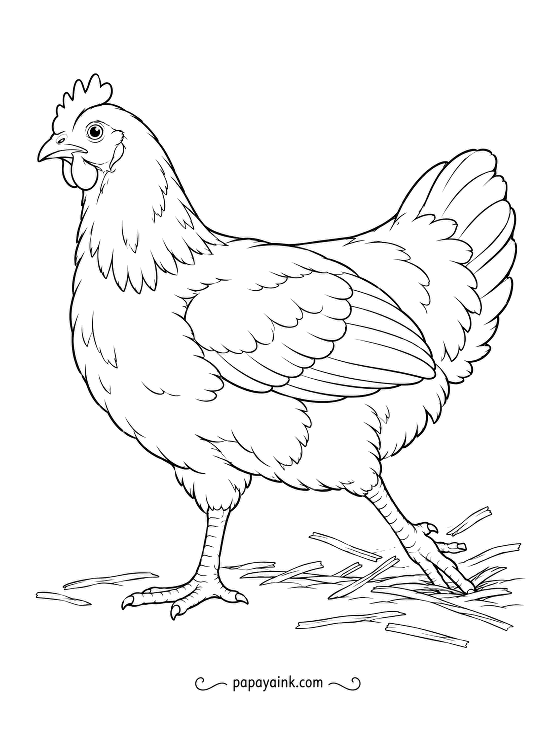 Chicken Coloring Pages - Kicking back with one foot, a hen scratches through loose straw in search of something tasty. Chickens scratch backward like this to uncover seeds and bugs hiding under the bedding.