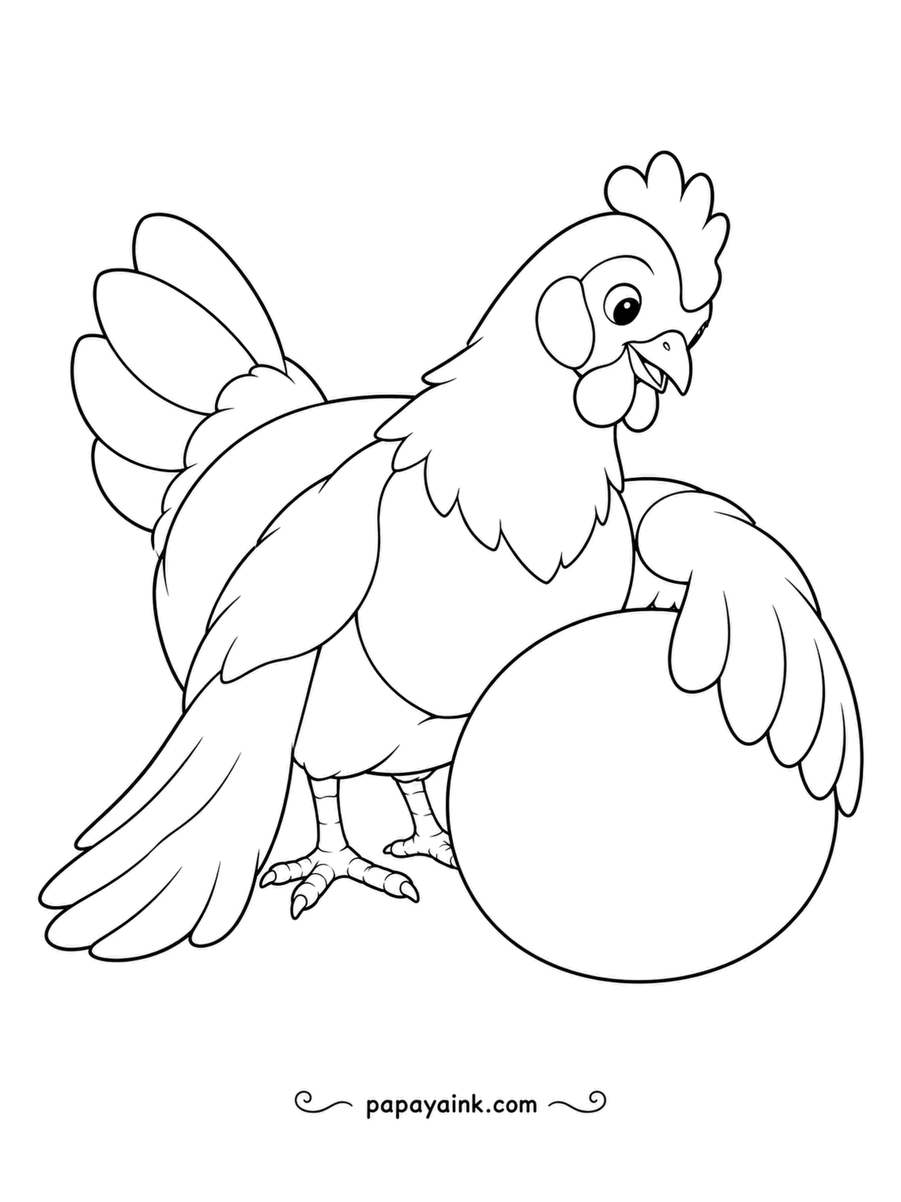 Chicken Coloring Pages - Draping a wing over a large smooth ball, a friendly hen hugs it close like a favorite toy. The plain ball is a great spot to try a pattern of your own.