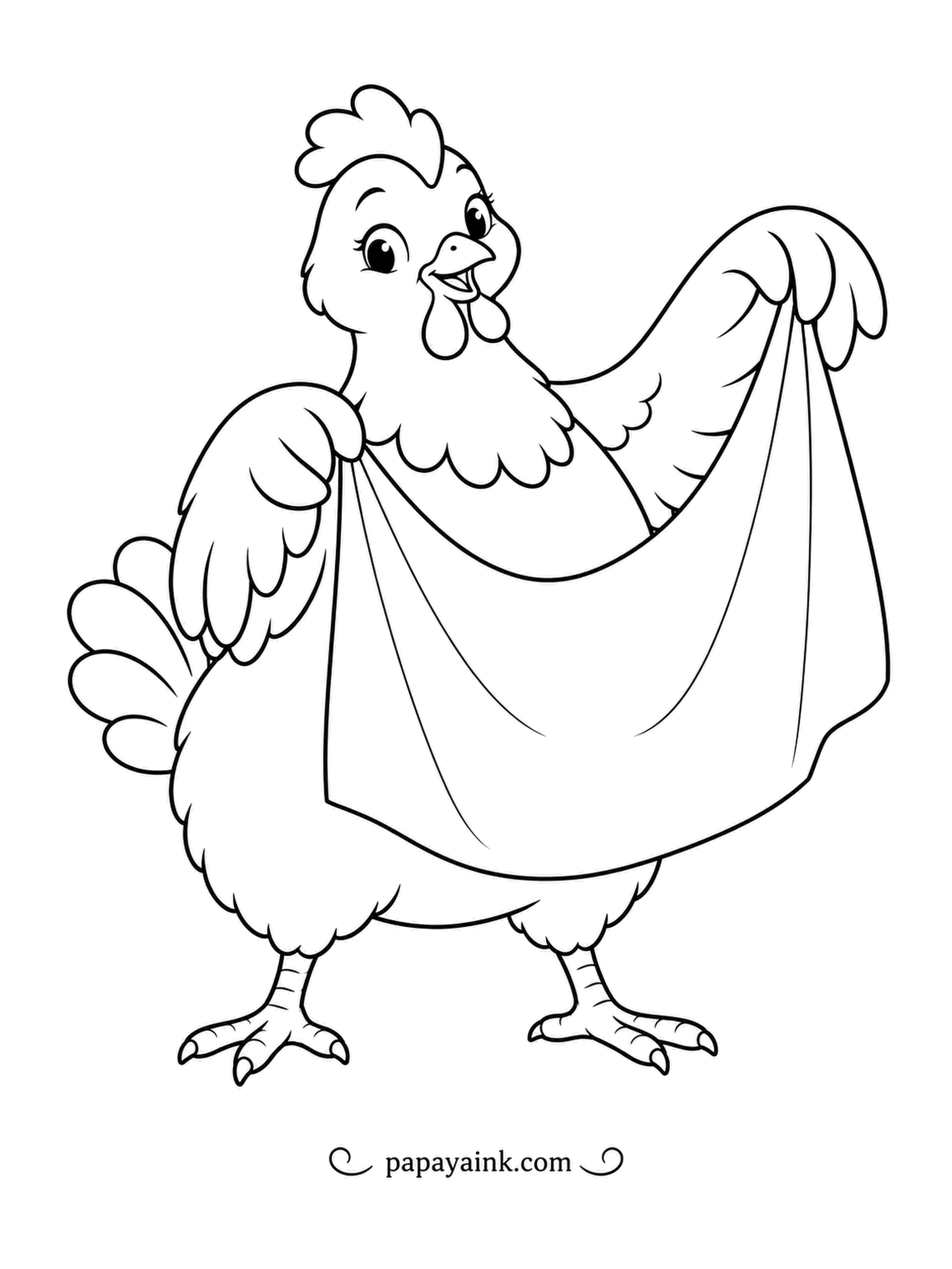 Chicken Coloring Pages - Snapping a big napkin open with both wings, a happy hen gives it a good shake before folding. Add a checked or dotted border so the cloth looks like a picnic napkin.