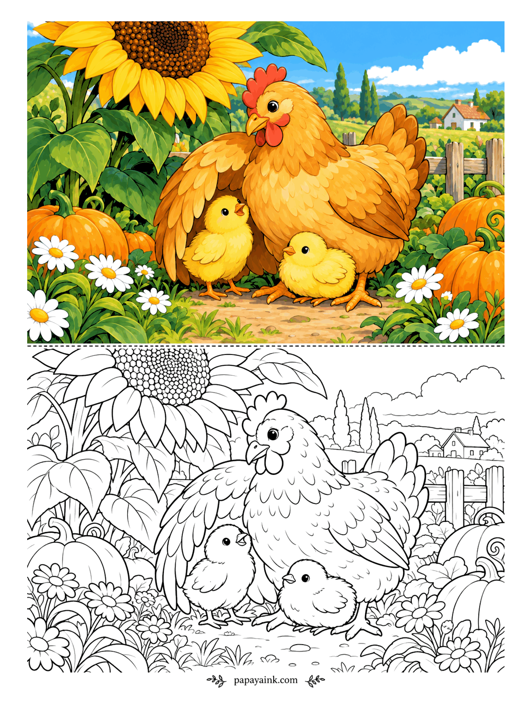 Chicken Coloring Pages - Rain or hawk, the hen has it covered - one wing lifted like a tent over two chicks. A sunflower leans in from the corner, pumpkins sit among the daisies. Gold for her, lemon yellow for the chicks, red comb last.
