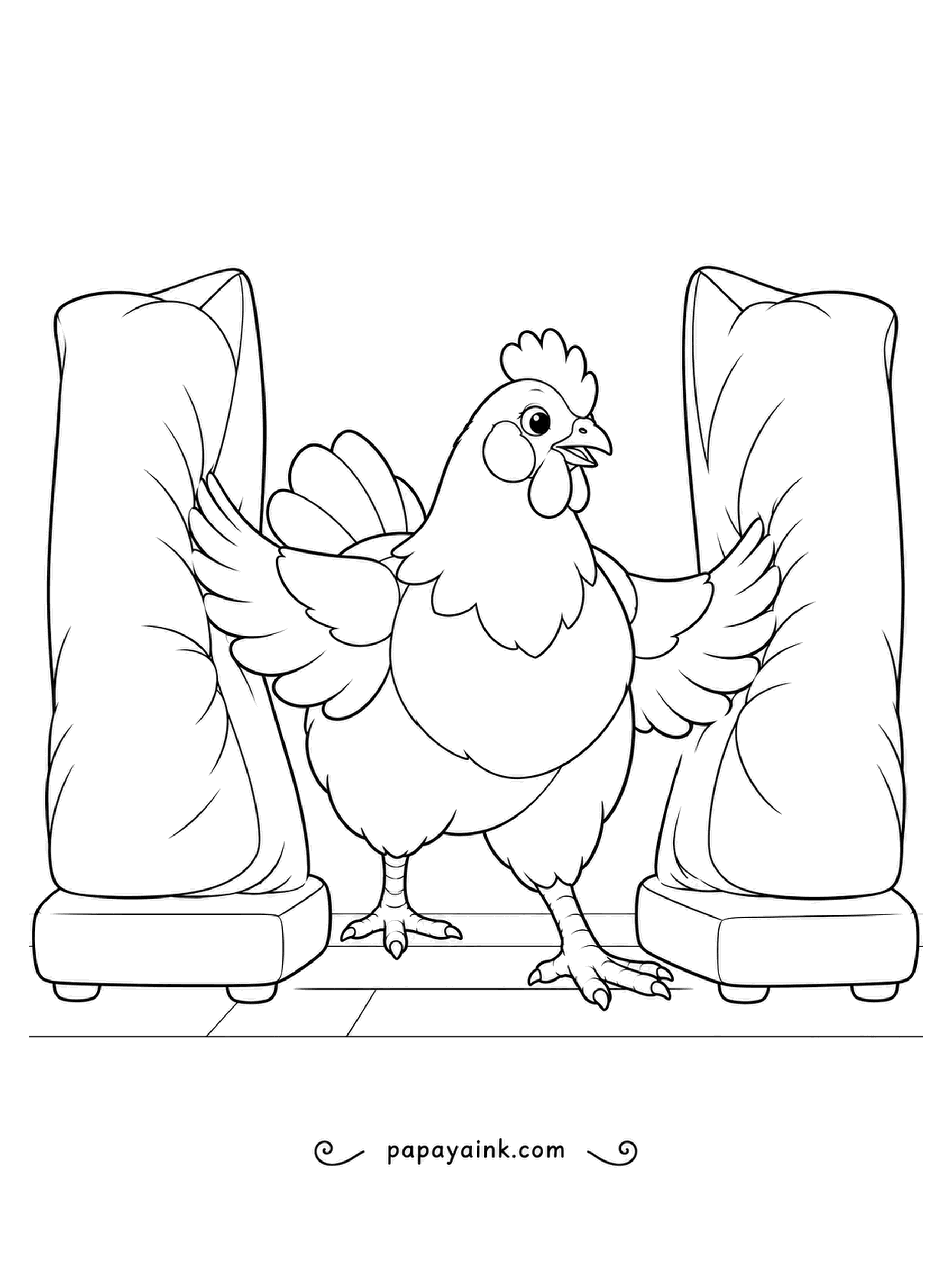 Chicken Coloring Pages - Squeezing between two tall cushions, a hen spreads her wings and sidesteps across a tiled floor. Pick a different color for each cushion so the narrow gap is easy to spot.