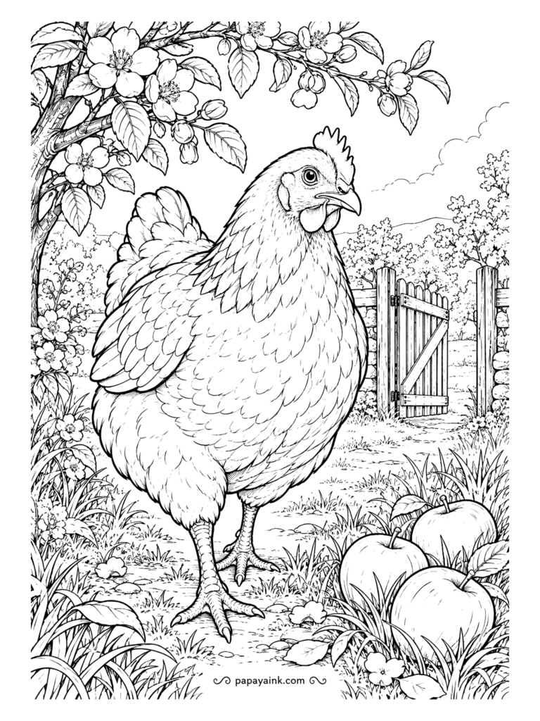 Chicken Coloring Pages - Spring in the orchard, and the hen has claimed the spot under the apple blossom where the windfalls land first. The garden gate stands half open behind her. Detailed - petals, stone wall and feather rows all drawn out.