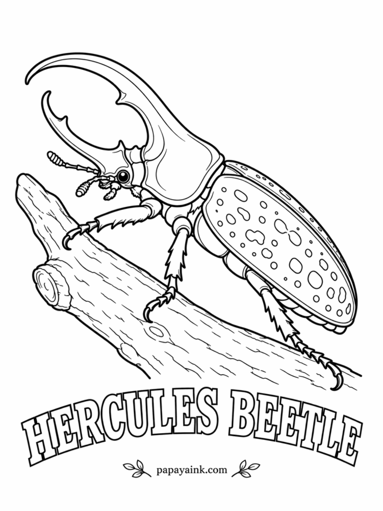 Beetle Coloring Pages - Among the longest beetles alive, a big male Hercules can stretch close to seven inches, and much of that is horn. The olive wing covers turn almost black when the air gets humid. Detailed - spotted shell and rough bark.