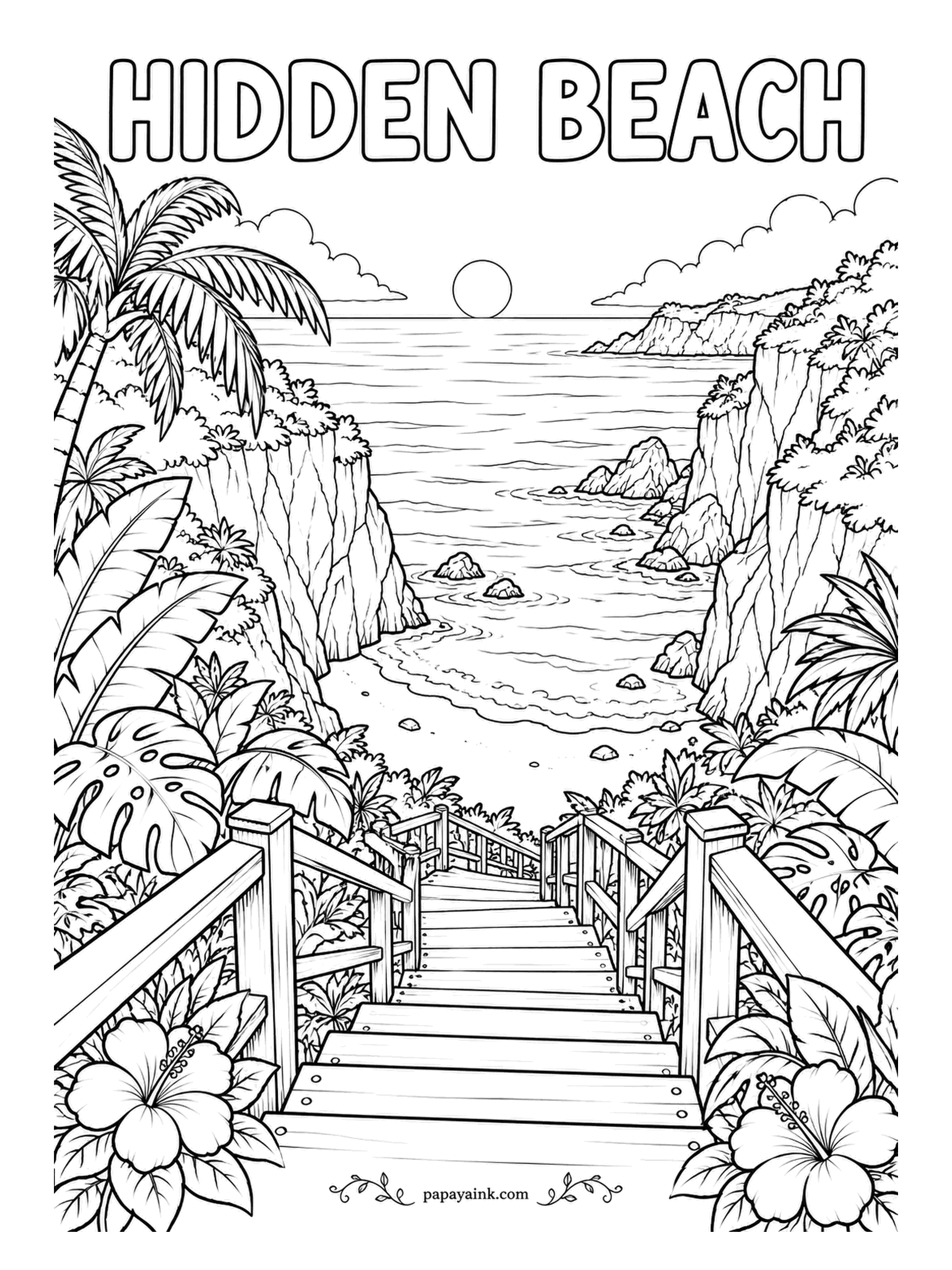 Beach Coloring Pages - Hidden Beach: a wooden stairway leads down through monstera and banana leaves to a cove hemmed in by cliffs, with the sun sitting low on the water. Warm the plank steps with ochre and sienna so they come forward from the greens behind them.