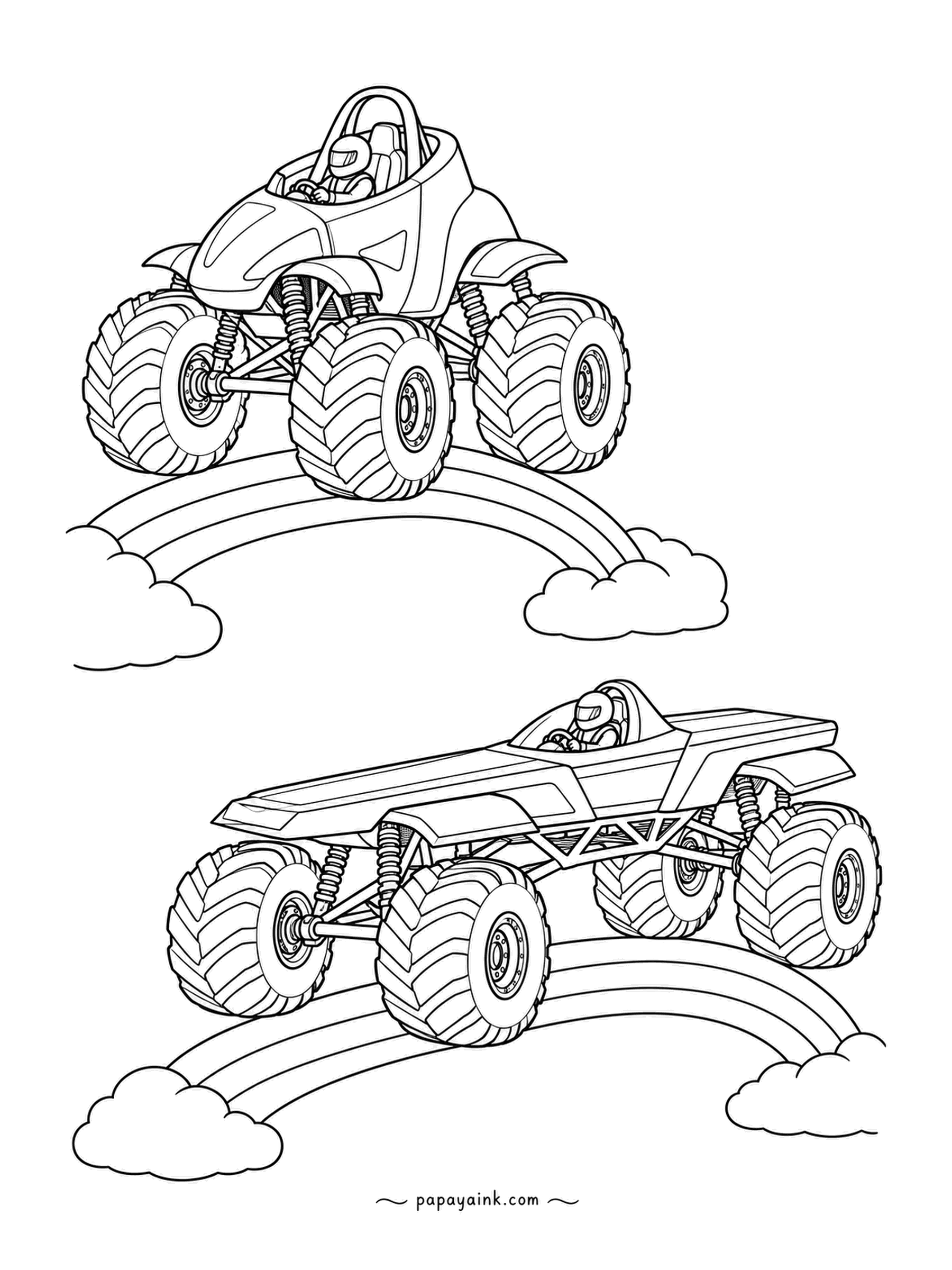 Monster Truck Coloring Pages - Double rainbow, double traffic. The high-collar racer rides the upper arc while a flat-decked truck crosses the lower one, helmets on. Empty bands again, so each rainbow can get its own palette.