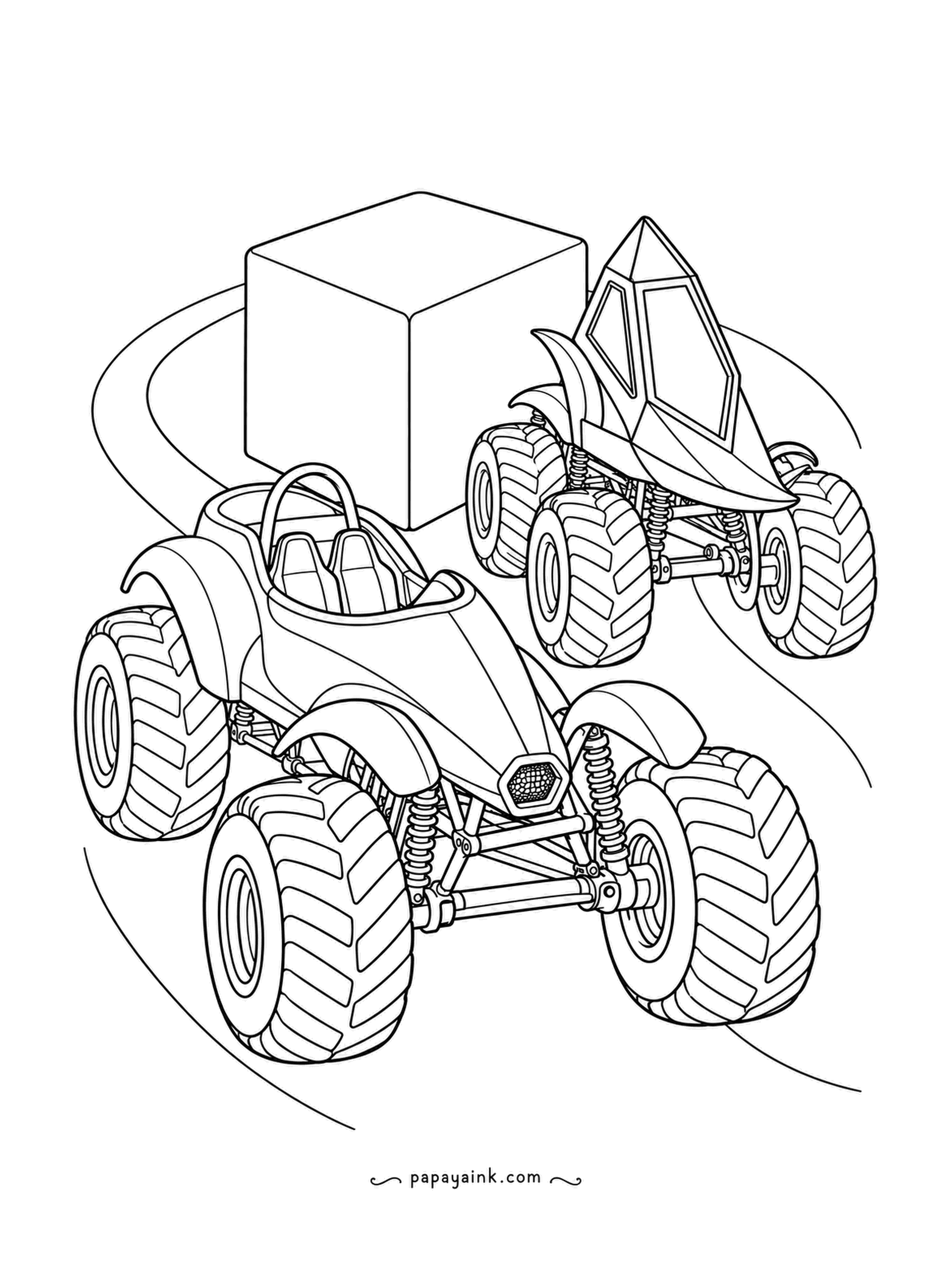 Monster Truck Coloring Pages - Roundabout with no road markings, just curves on a blank floor. The high-cowl roadster has a roll bar and two seats; the crystal-cockpit truck beyond it is passing a giant plain cube. Pick one odd color for the cube and leave the rest classic.