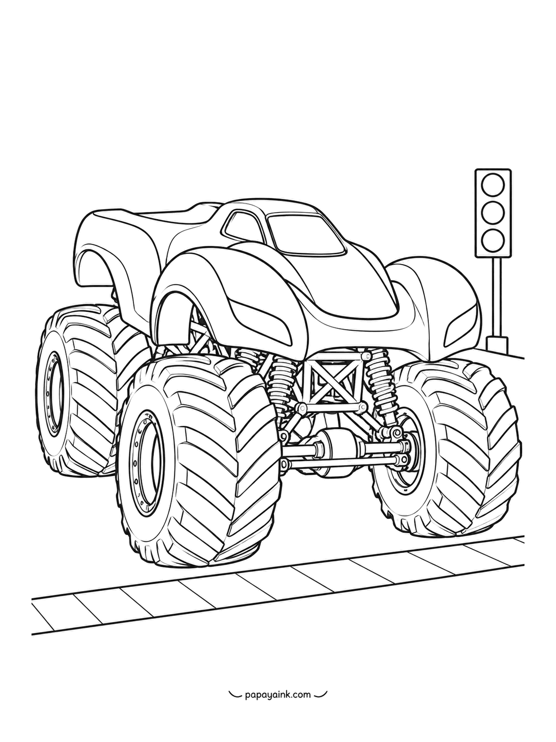 Monster Truck Coloring Pages - Pole position on a striped start line, start lights still dark on their pole. The coupe sits high on its shoulders, no driver visible, waiting. Red, amber, green: you decide which light is on.