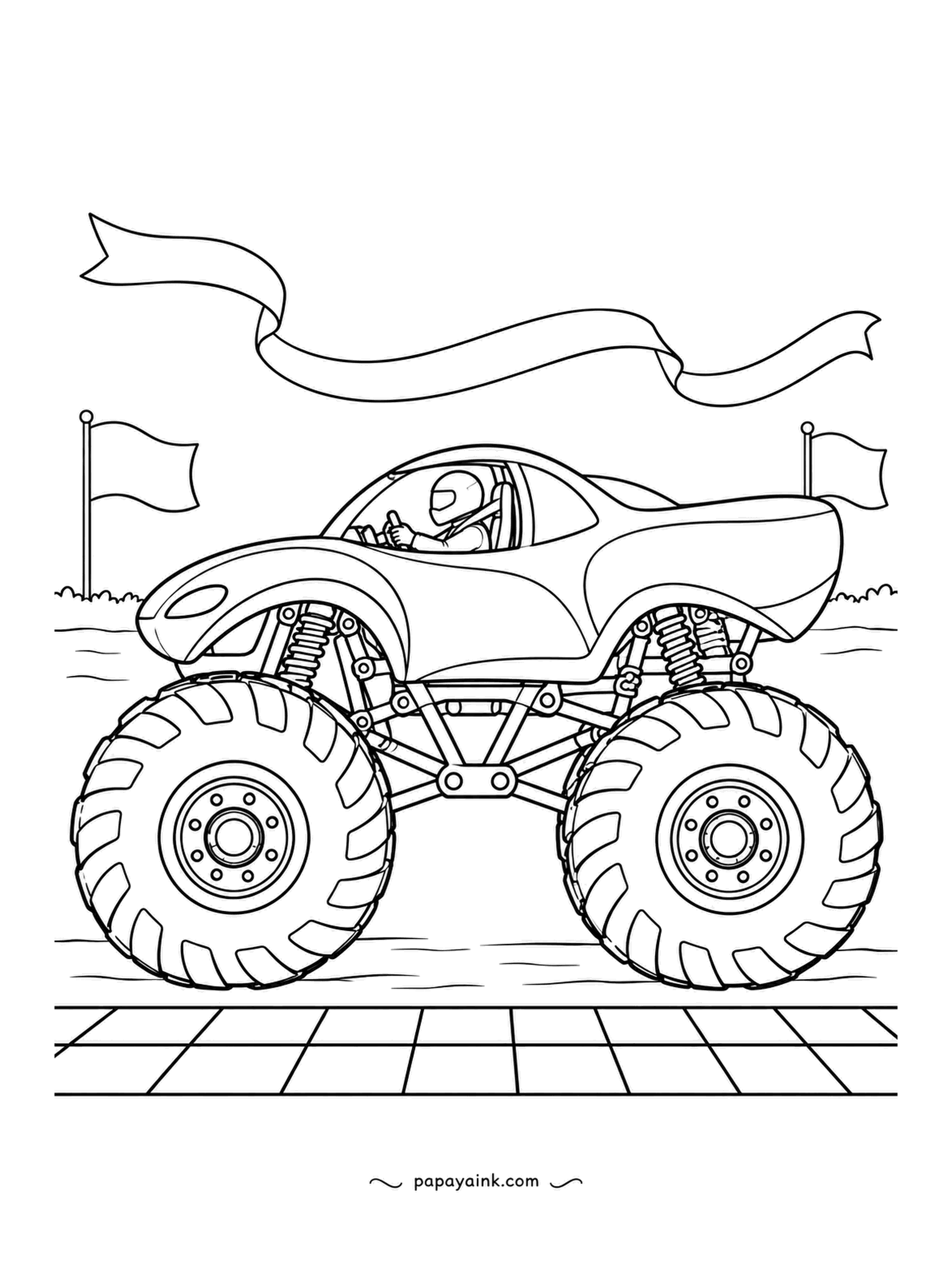 Monster Truck Coloring Pages - Finish ribbon stretched across the sky, flags on both sides, and a high-sterned custom coasting the last stretch. Grid paving underneath. Give the ribbon one color and the body its opposite - complementary pairs pop here.