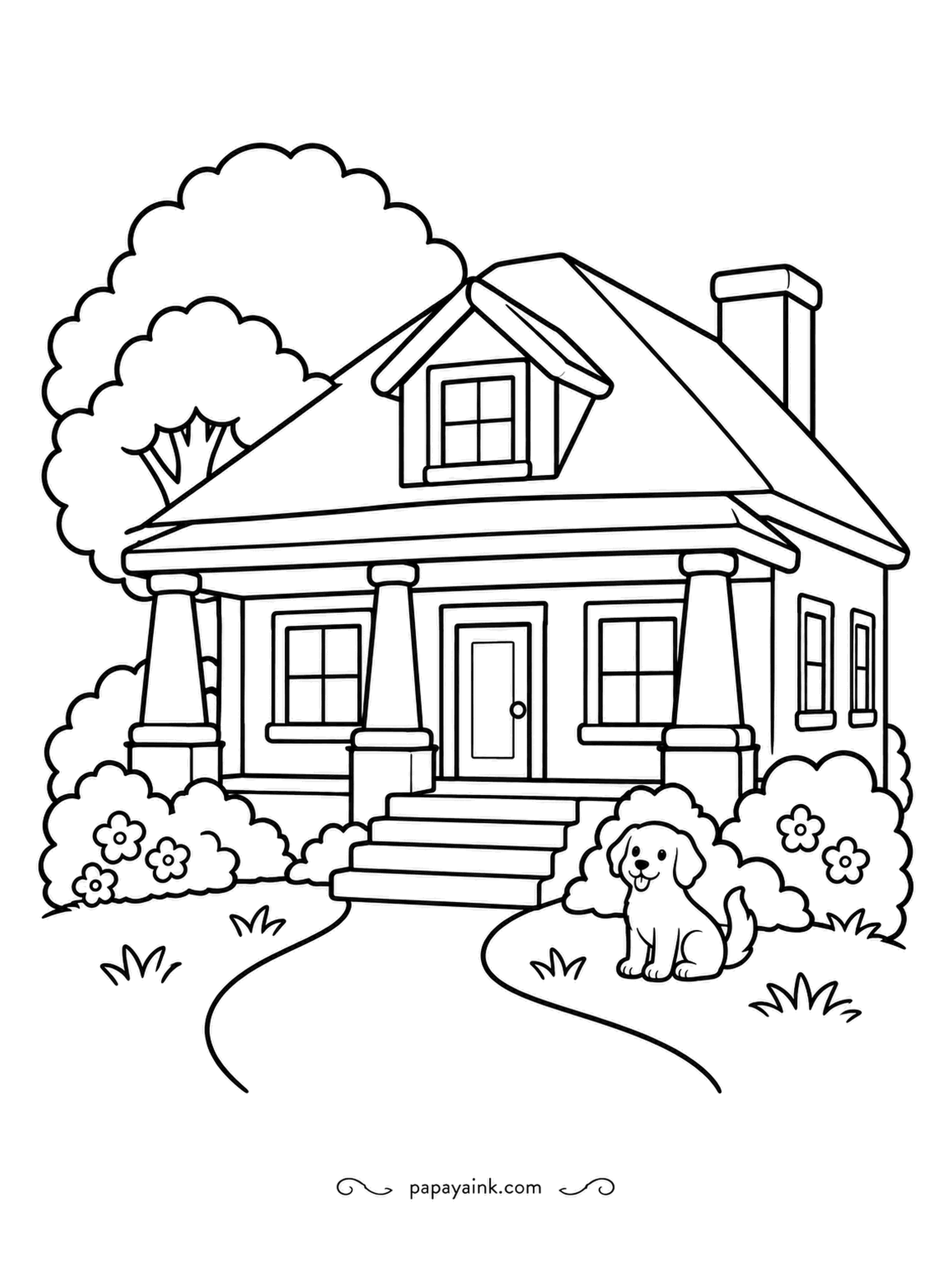 House Coloring Pages - This bungalow has a hipped roof, a dormer and chunky porch posts, and a puppy who has just discovered the lawn. Shrubs in bloom on both sides, a walkway forking toward the dog. The roof is one plain shape - make it the main color.