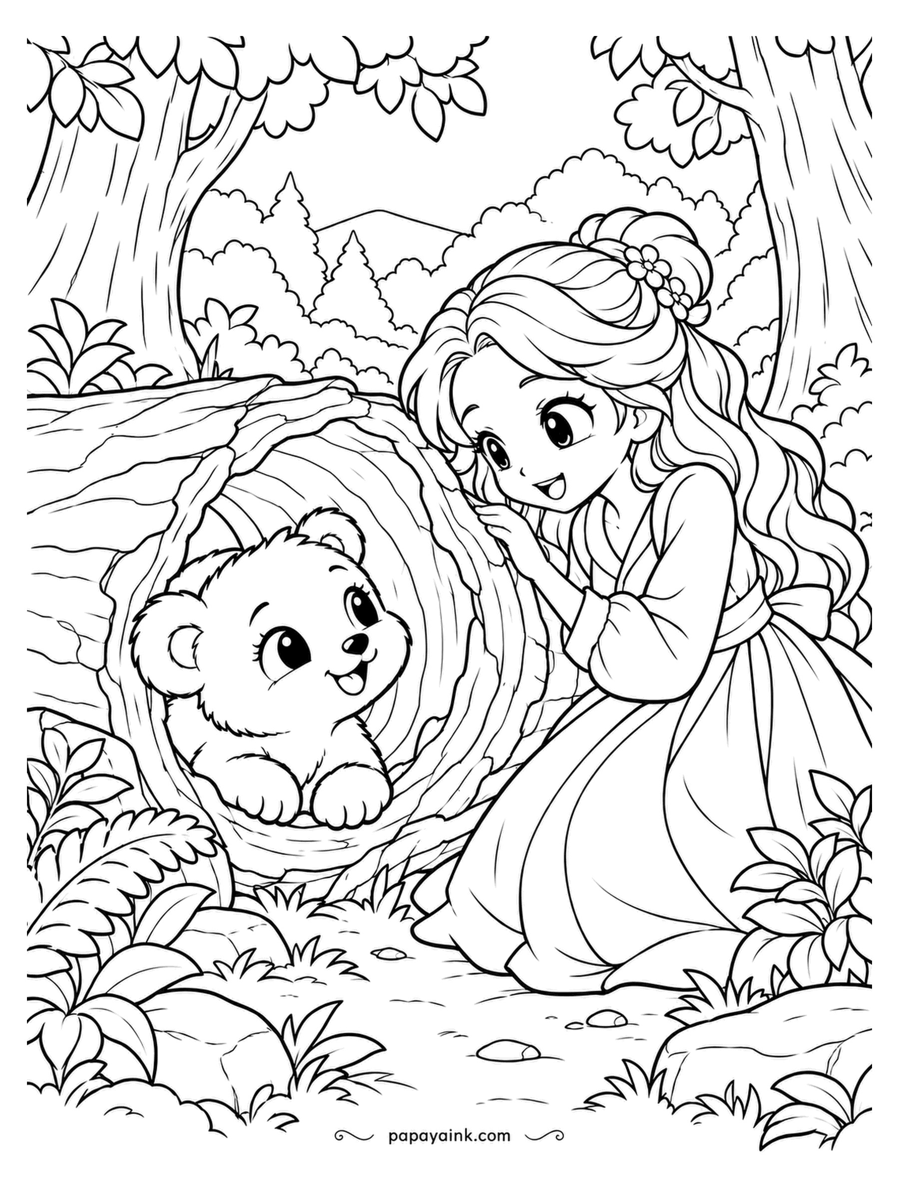 Kawaii Princess Coloring Pages - Bear cub in a log, princess in the leaves. She kneels beside the hollow trunk and waves with one finger; the cub has both paws on the rim and is thinking it over. Bark rings inside the log - a slow brown pencil job.