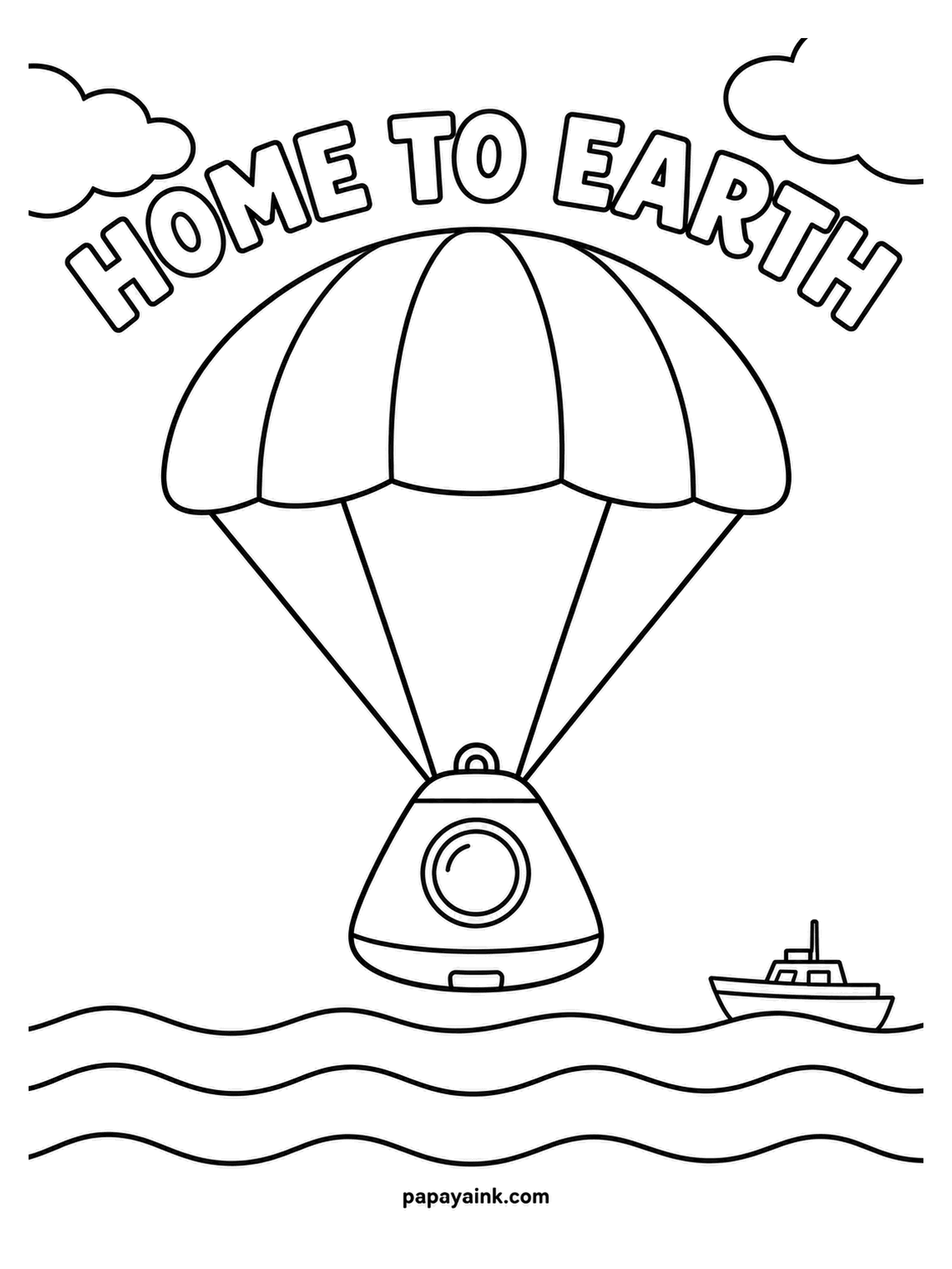 Planet Coloring Pages - Home to Earth: a space capsule drifting down under a striped parachute toward the sea, with a recovery ship waiting at the edge. Alternate the parachute gores in red and white, and give the ocean a few shades of teal. Simple shapes, big areas.