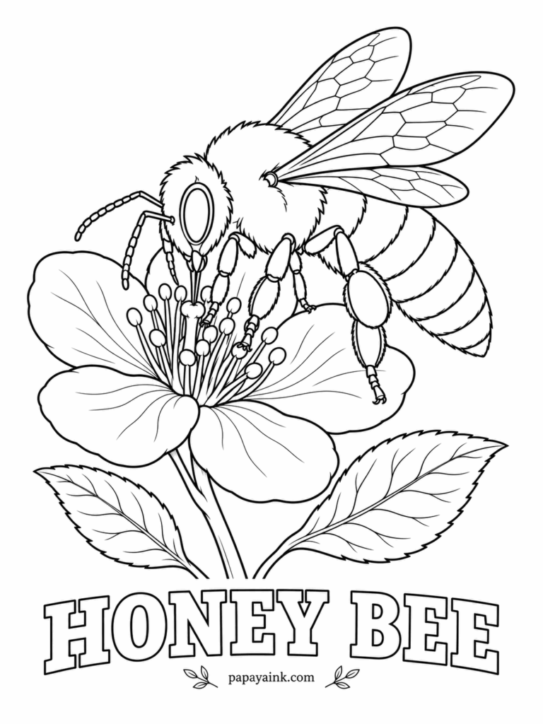 Insect Coloring Pages - A honey bee makes roughly a twelfth of a teaspoon of honey in her whole life, so this flower gets her full attention. Amber abdomen with dark brown bands, and a pale fuzzy collar of hair around the thorax.