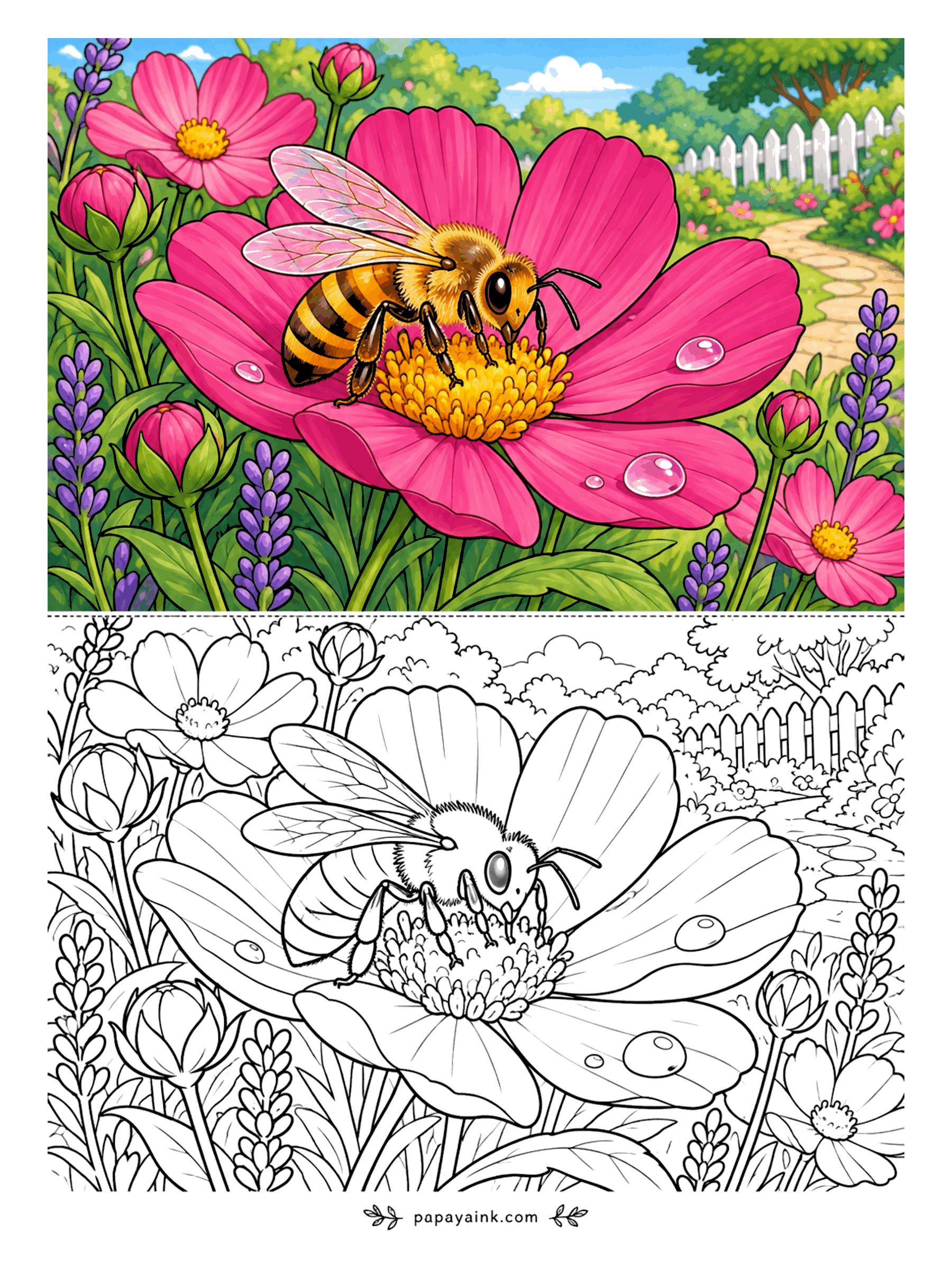 Bee Coloring Pages - Dew still on the petals and the honeybee is already at work, head down in the yellow heart of a pink cosmos. Lavender spikes and buds, a white fence at the back. Keep the wings nearly clear and let the magenta do the talking.