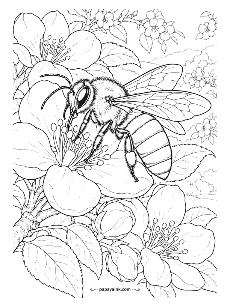 Bee Coloring Pages - Apple blossom lasts a week or two each spring, and this honeybee is not wasting a day of it. She has climbed right into the stamens with the whole branch in bloom around her. Detailed - fine fur and petal veins, sharp pencils.