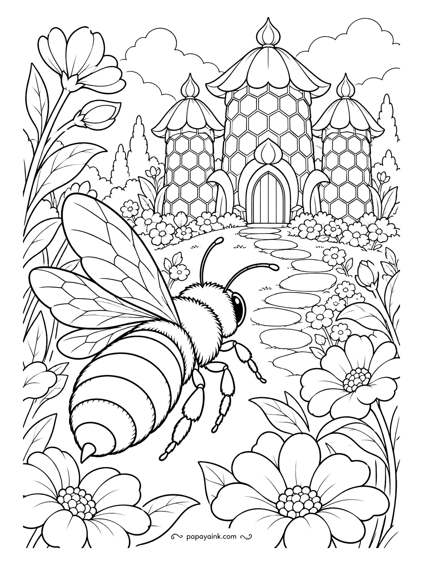 Bee Coloring Pages - Somewhere past the stepping stones stands a palace built entirely of honeycomb, towers and arched door included. The bee heading up the path is on official business. Golden hexagons, a flowered garden and a sky to invent yourself.