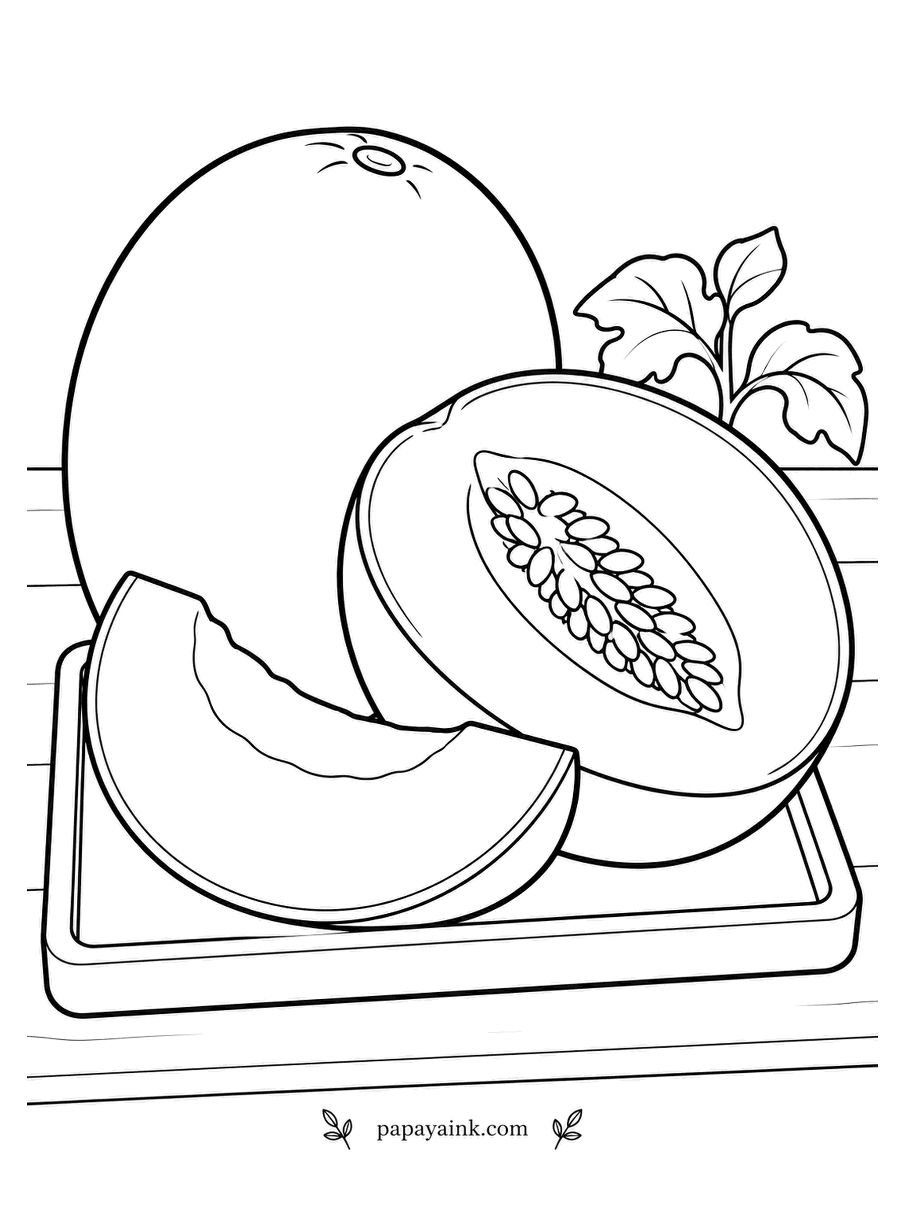 Fruit Coloring Pages - Honeydew on a garden tray: a whole melon, a half with the seed cavity, a wedge in front and a vine leaf peeking from the back. The rind is smooth and pale cream, the flesh a soft mint green, and the seeds almost white.