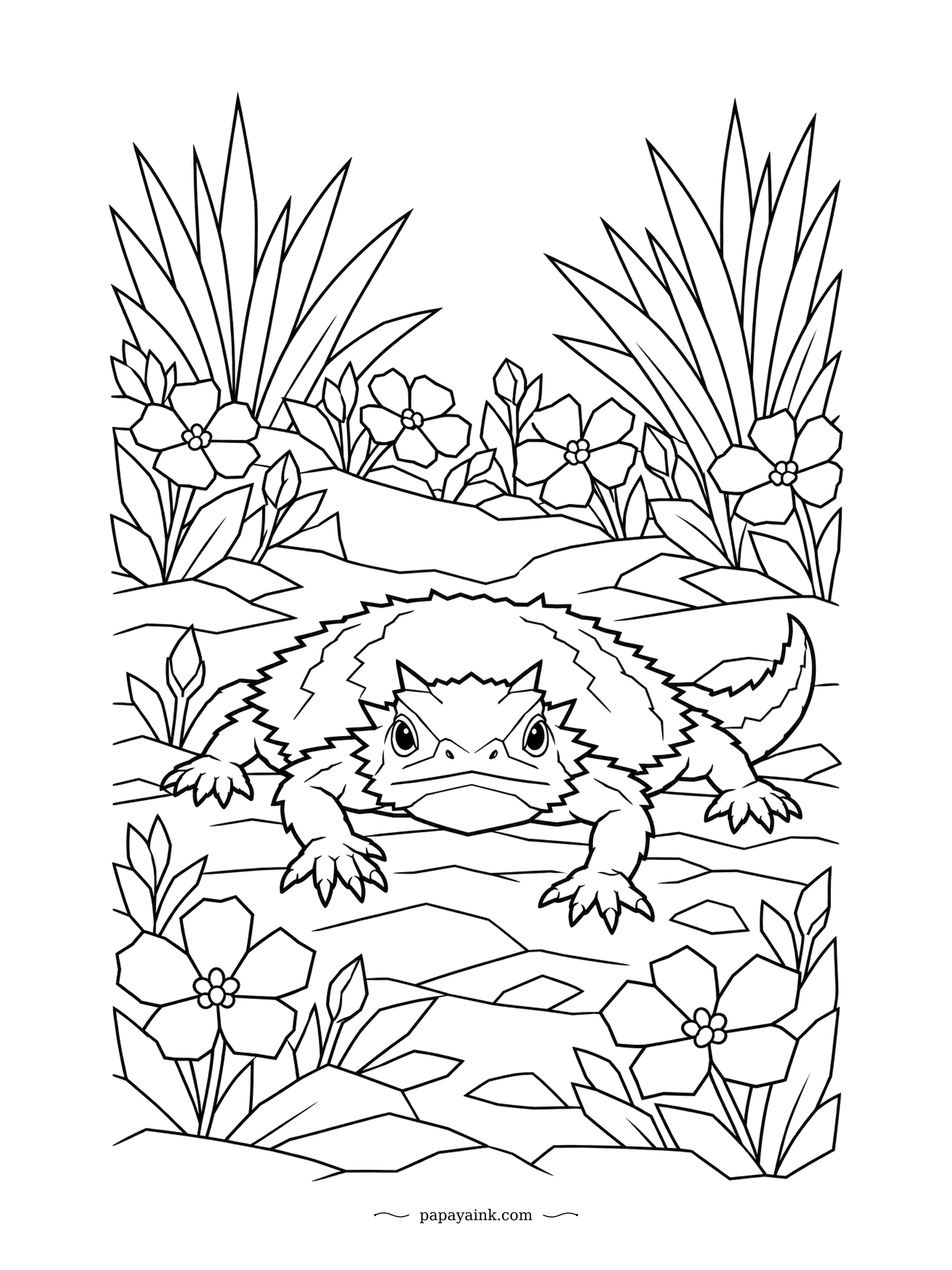 Lizard Coloring Pages - Horned lizards are flat, round and spiky, built to blend into dry ground. This one crouches in a clearing of stylized flowers, looking very unimpressed. Bold angular lines - nice with markers.