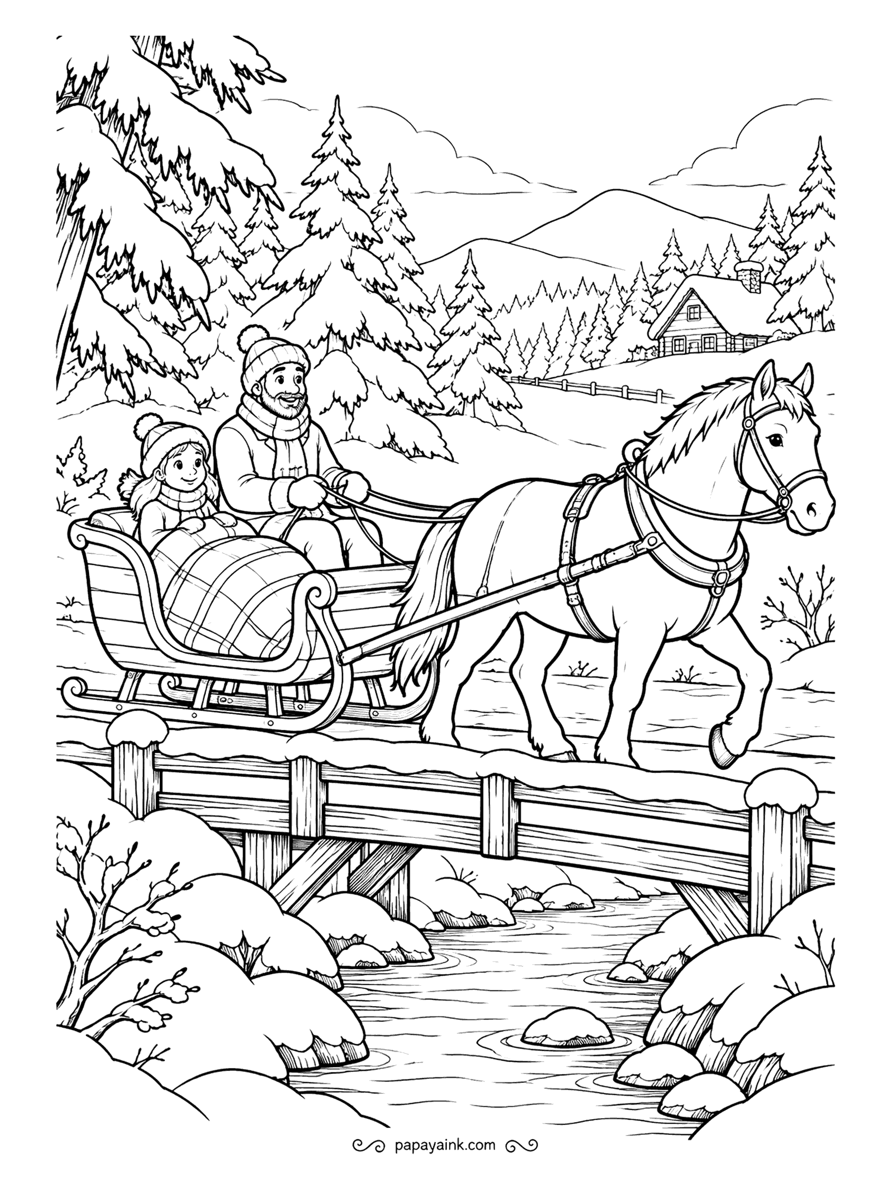 Free Printable Winter Coloring Pages - A heavy horse pulls a sleigh over the plank bridge, father at the reins and daughter tucked under a checked blanket. The stream below is half frozen, with a cabin on the far hill. Try a chestnut horse against all that snow.