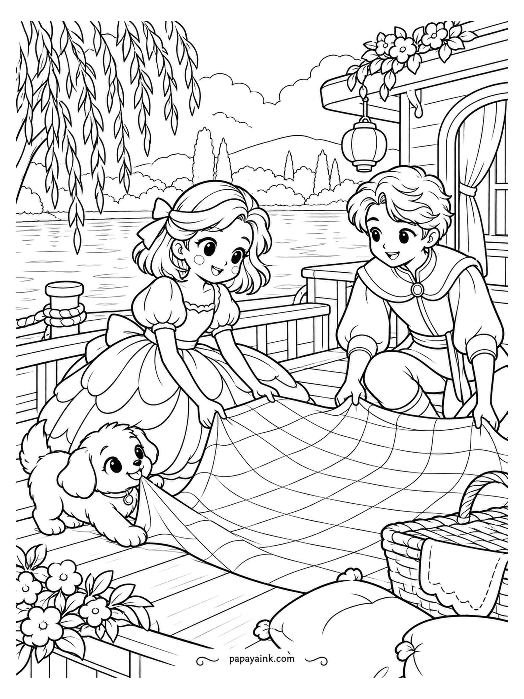 Kawaii Princess Coloring Pages - Picnic on the houseboat deck, and the cloth will not stay flat. The princess smooths one end, the prince the other, and the puppy has a corner in its teeth. Lantern on the eave, willow over the water - a checked cloth in two tones.