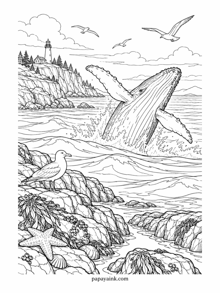 Ocean Coloring Pages - A humpback throws most of its forty tons clear of the water while a gull on the rocks declines to be impressed. Lighthouse on the headland, kelp and starfish in the tide pool. Detailed - leave the spray white and work the sea around it.