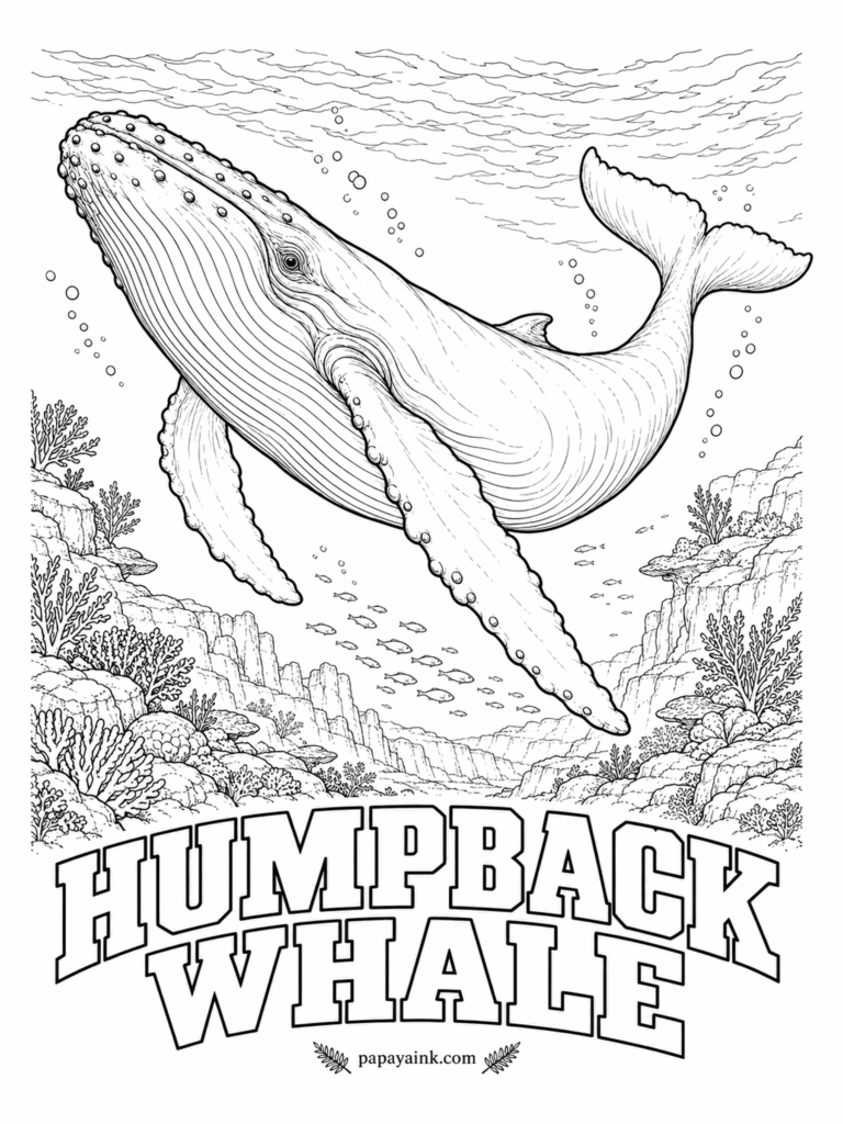 Whale Coloring Pages - Those enormous flippers are the longest of any whale, close to a third of the body, and every bump on the head holds a single hair. Males sing songs that change with the season across an entire ocean. Pale throat pleats, near-black back.