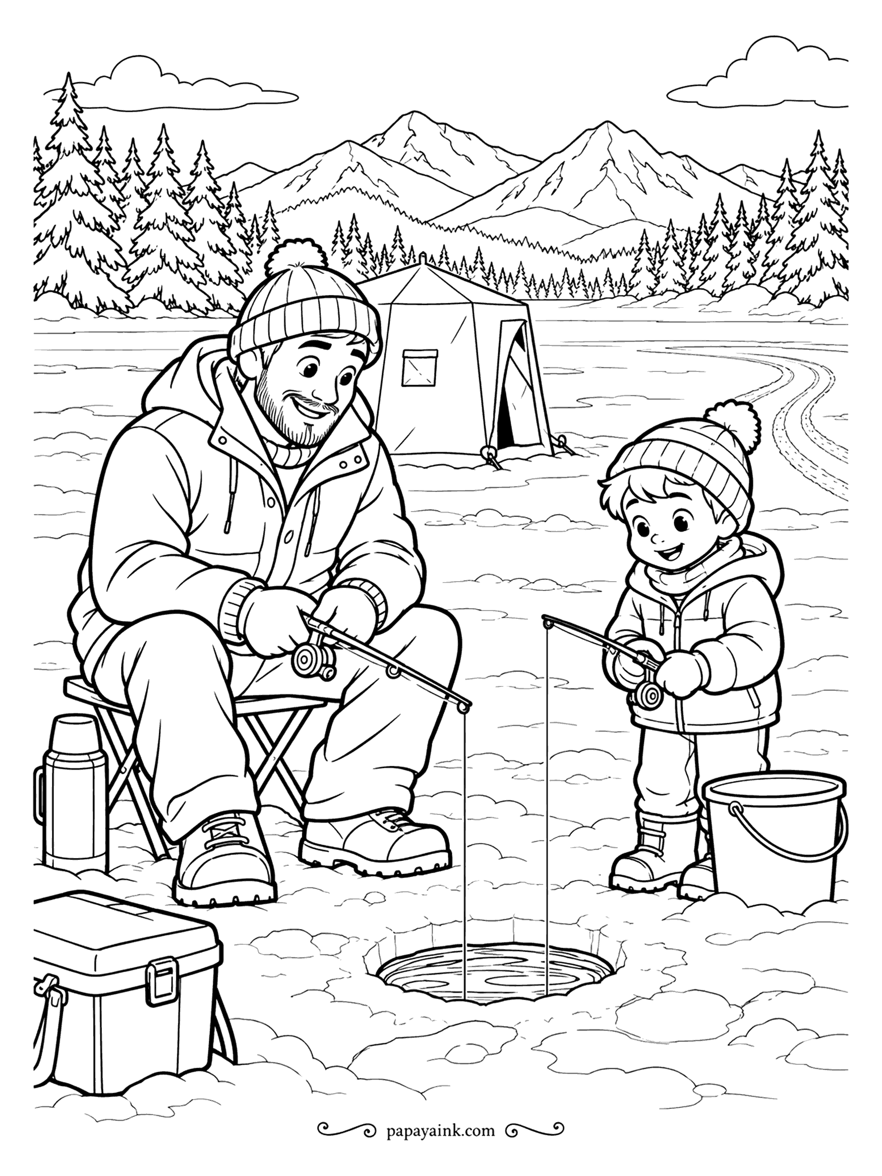 Free Printable Winter Coloring Pages - Father on a folding stool, son with his own rod, and one hole in the ice between them that has so far produced nothing. A tent, a thermos and a tackle box complete the camp. The lake itself can stay almost blank.