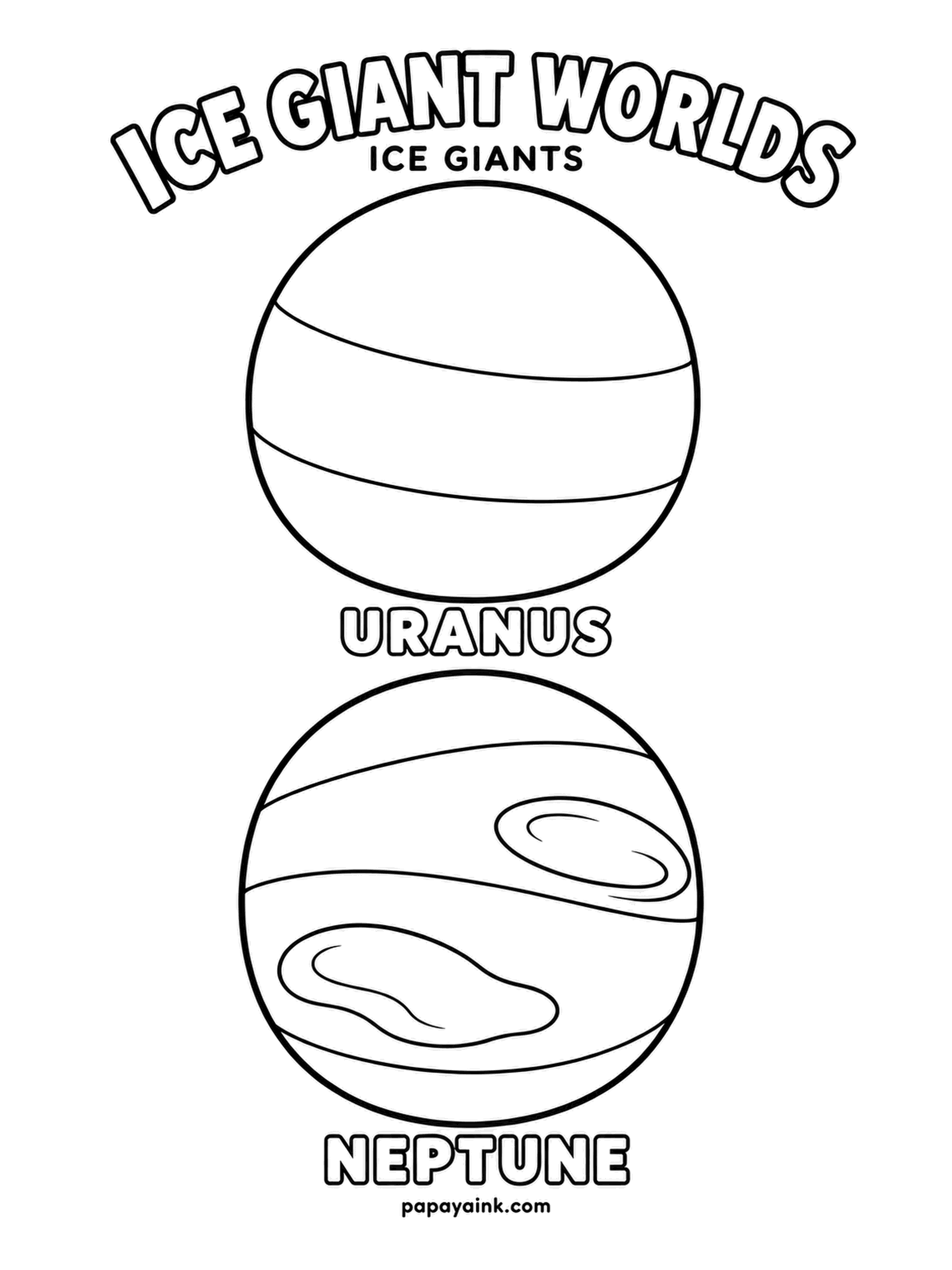 Planet Coloring Pages - Ice giant worlds in a column, Uranus smooth and nearly featureless on top, Neptune underneath with its storm ovals. The lesson is in the contrast: Uranus flat pale turquoise, Neptune rich cobalt with darker storms.
