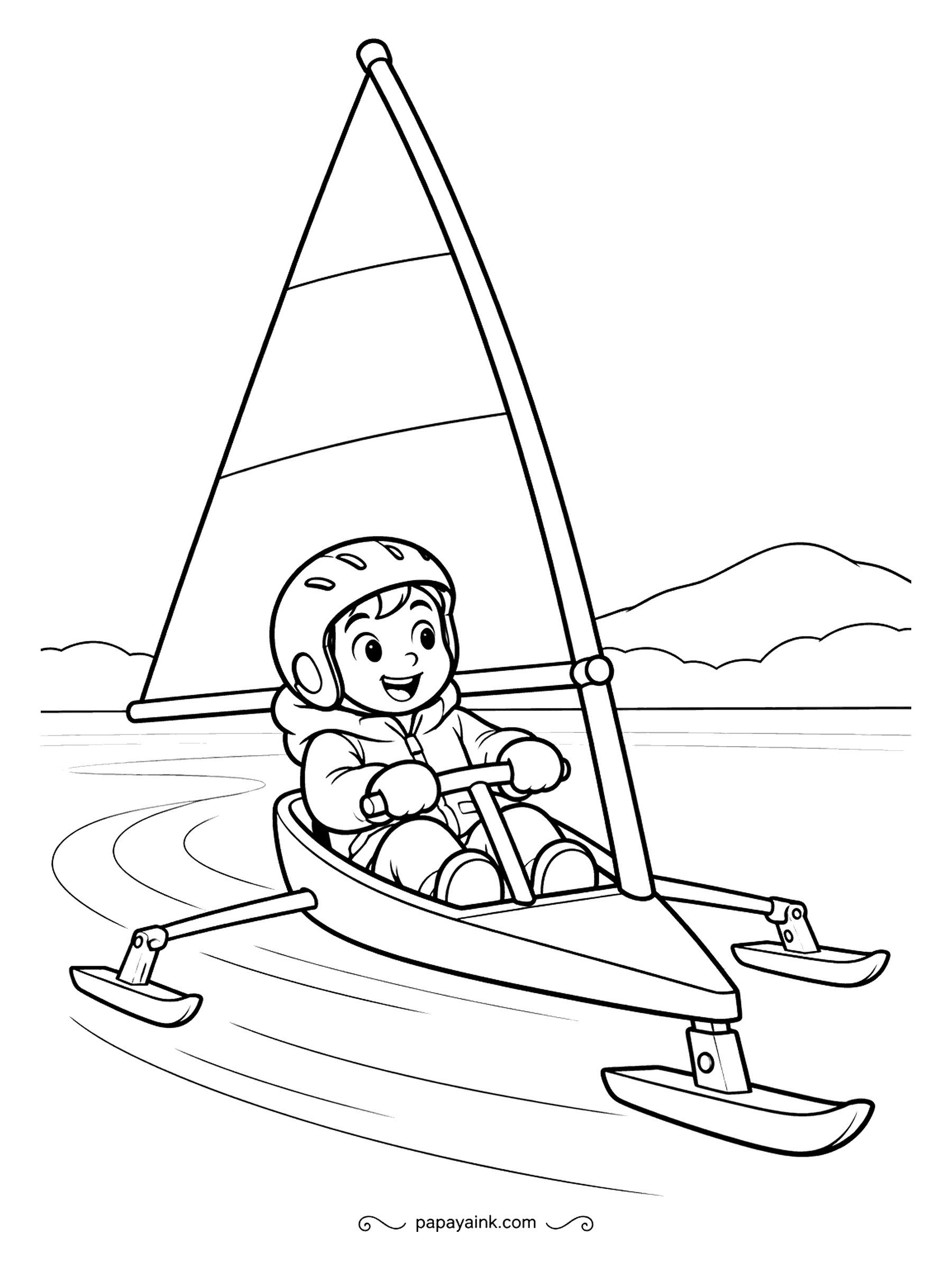 Free Printable Winter Coloring Pages - A sail on runners instead of a hull, skating across the lake with the sheet pulled tight and a long curve of track behind it. Hills sit low on the horizon. Stripe the sail and leave the ice to the paper.