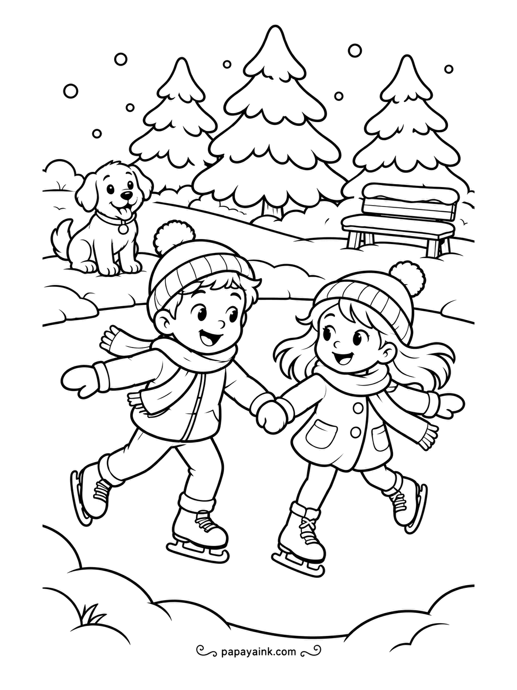 Free Printable Winter Coloring Pages - Two friends hand in hand on the ice, matching scarves flying, while a puppy supervises from the bank. A bench and three firs stand under light snowfall. The rink can stay blank; the skaters and trees get the crayons.