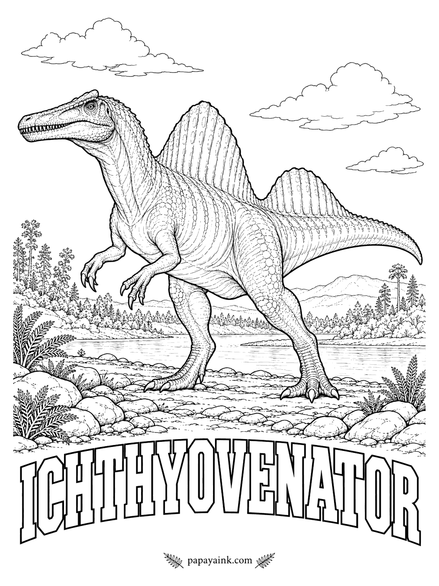 Free Printable Dinosaur Coloring Pages - This sail has a gap in it. The tall spines dip sharply over the hips, so the sail looks split in two. Ichthyovenator (IK-thee-oh-veh-NAY-tor, fish hunter) was a relative of Spinosaurus, a meat-eater roughly 28 feet long. Laos, about 115 million years ago.