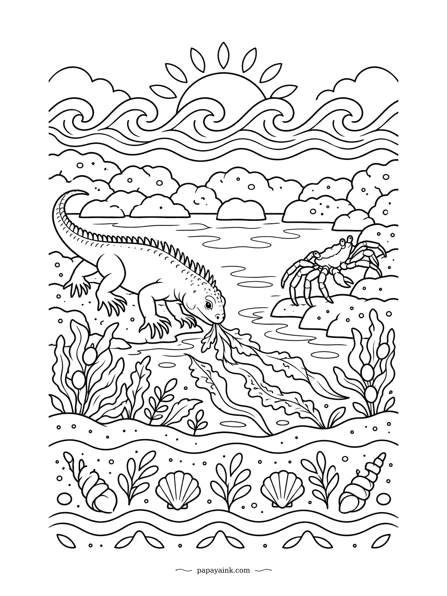 Lizard Coloring Pages - An iguana nibbles seaweed at the edge of a rock pool while a crab keeps its distance on the far side. Folk-art waves, sun and shells frame the scene top and bottom.